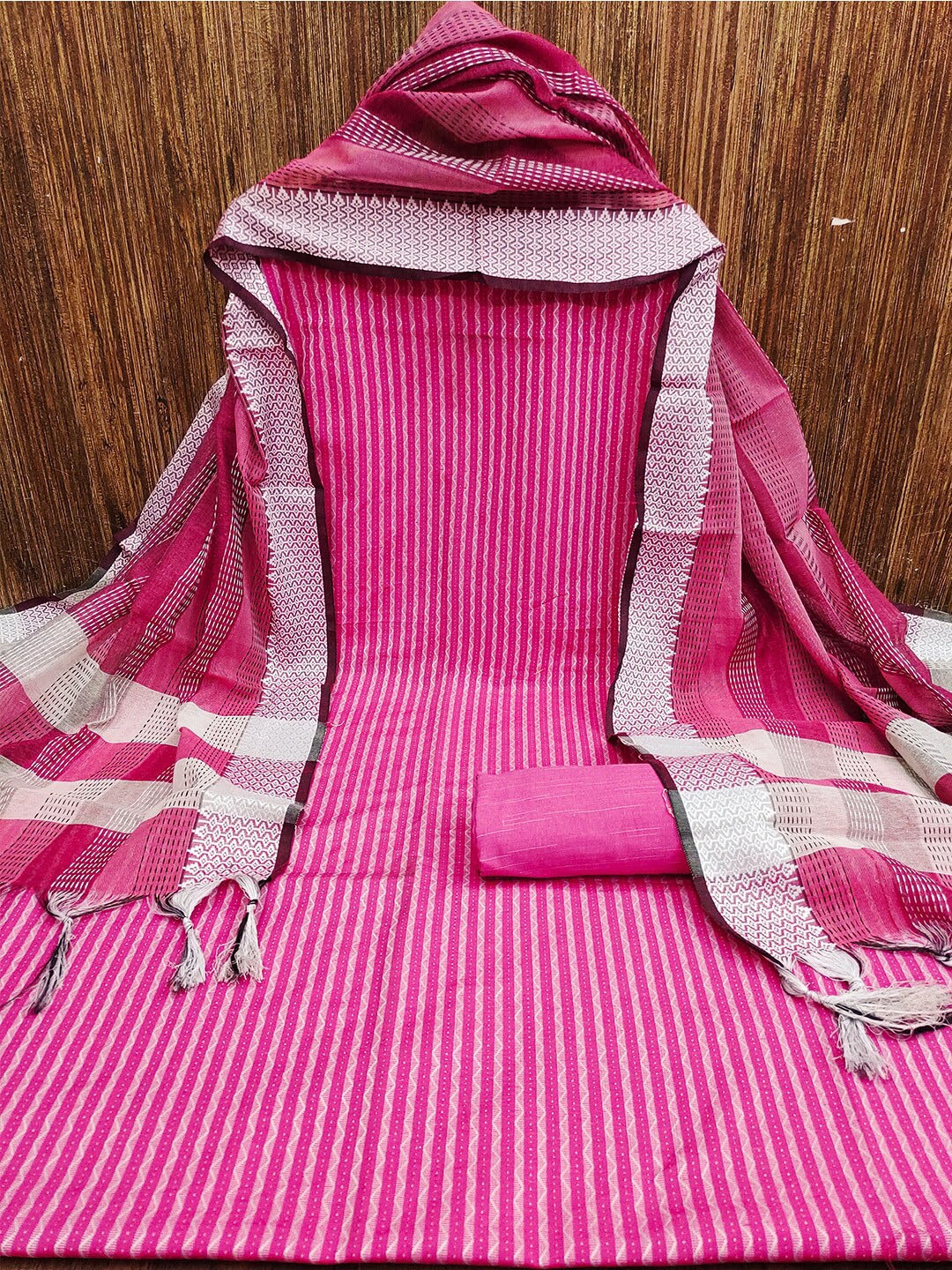 

Lilots Striped Printed Unstitched Dress Material, Pink