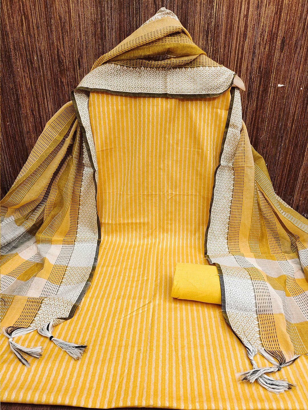 

Lilots Striped Unstitched Dress Material, Yellow