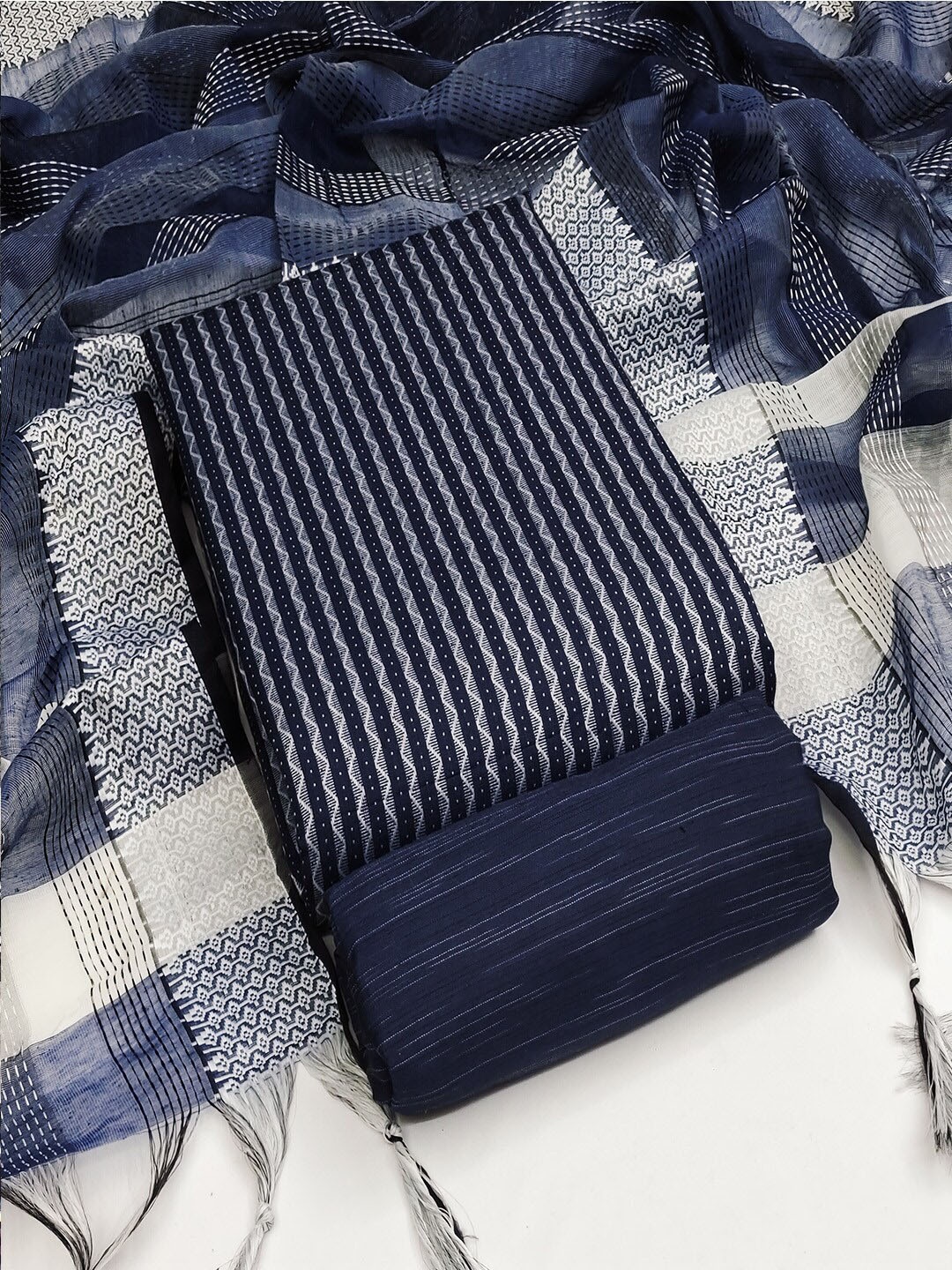 

Lilots Chevron Woven Design Unstitched Dress Material, Blue