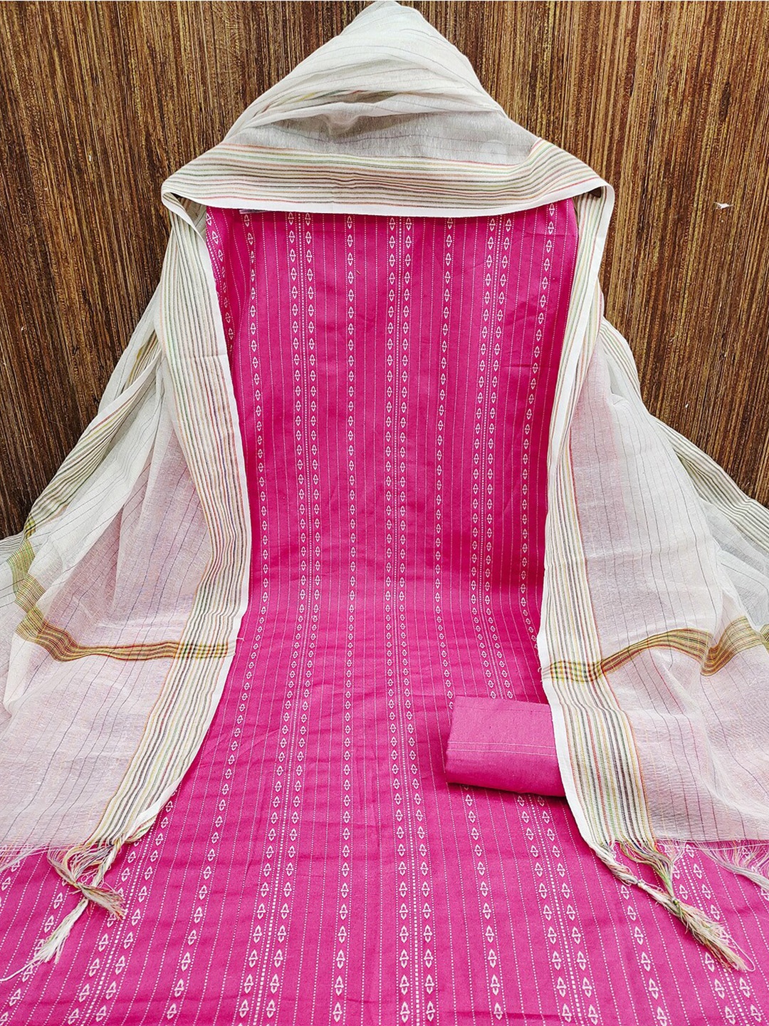 

Lilots Striped Unstitched Dress Material, Pink