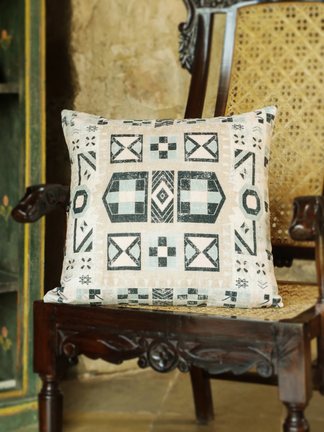 

Aura Beige & Blue Geometric Velvet Square Cushion Cover
