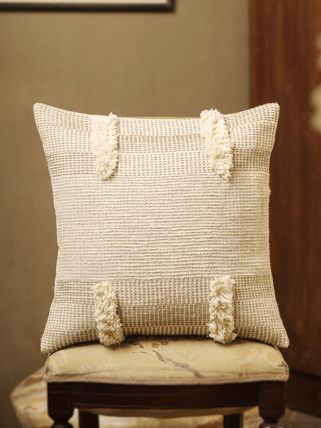 

Aura Cream Self Design Cotton Square Cushion Cover