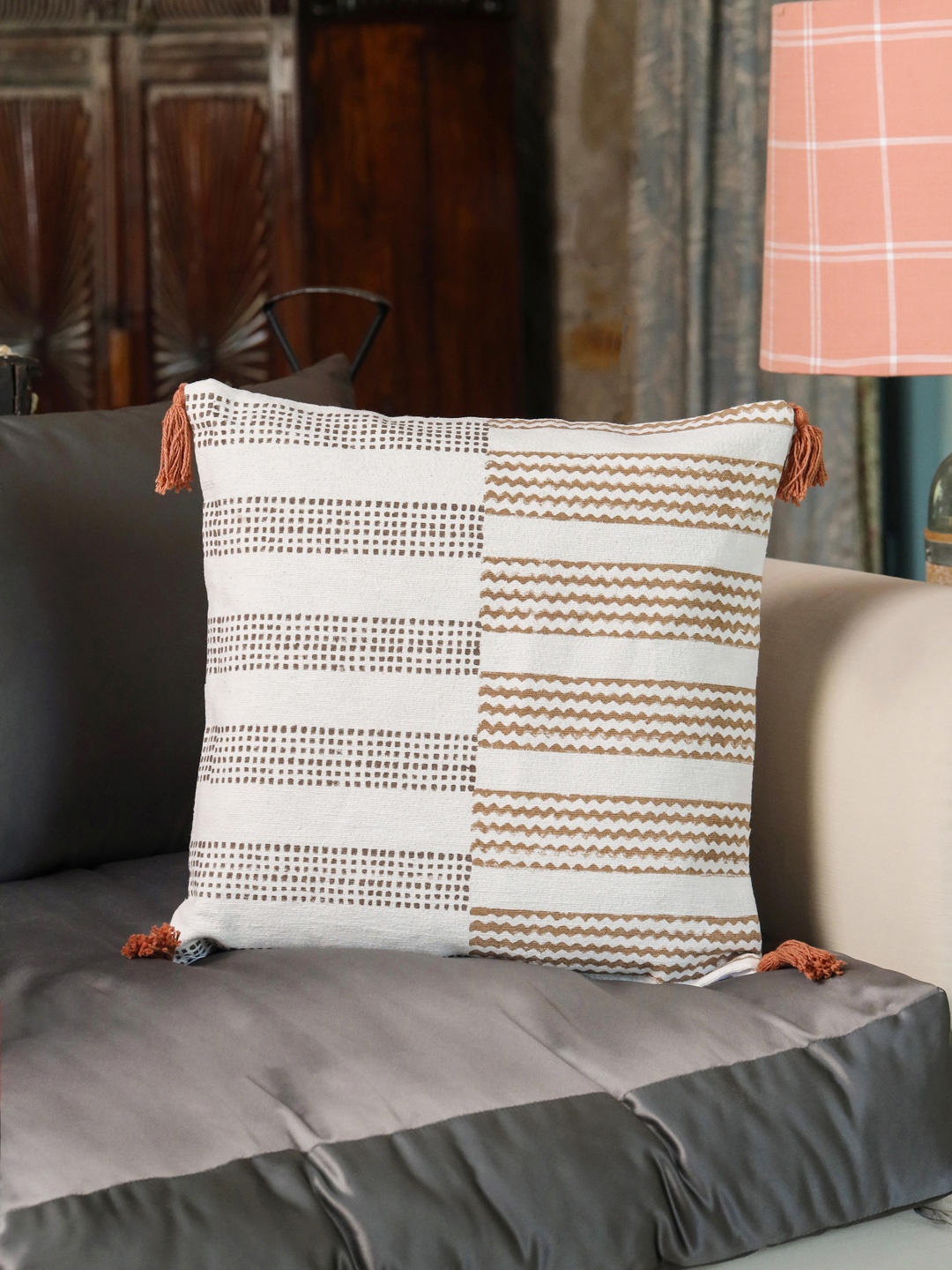 

Aura Brown & White Striped Cotton Square Cushion Cover