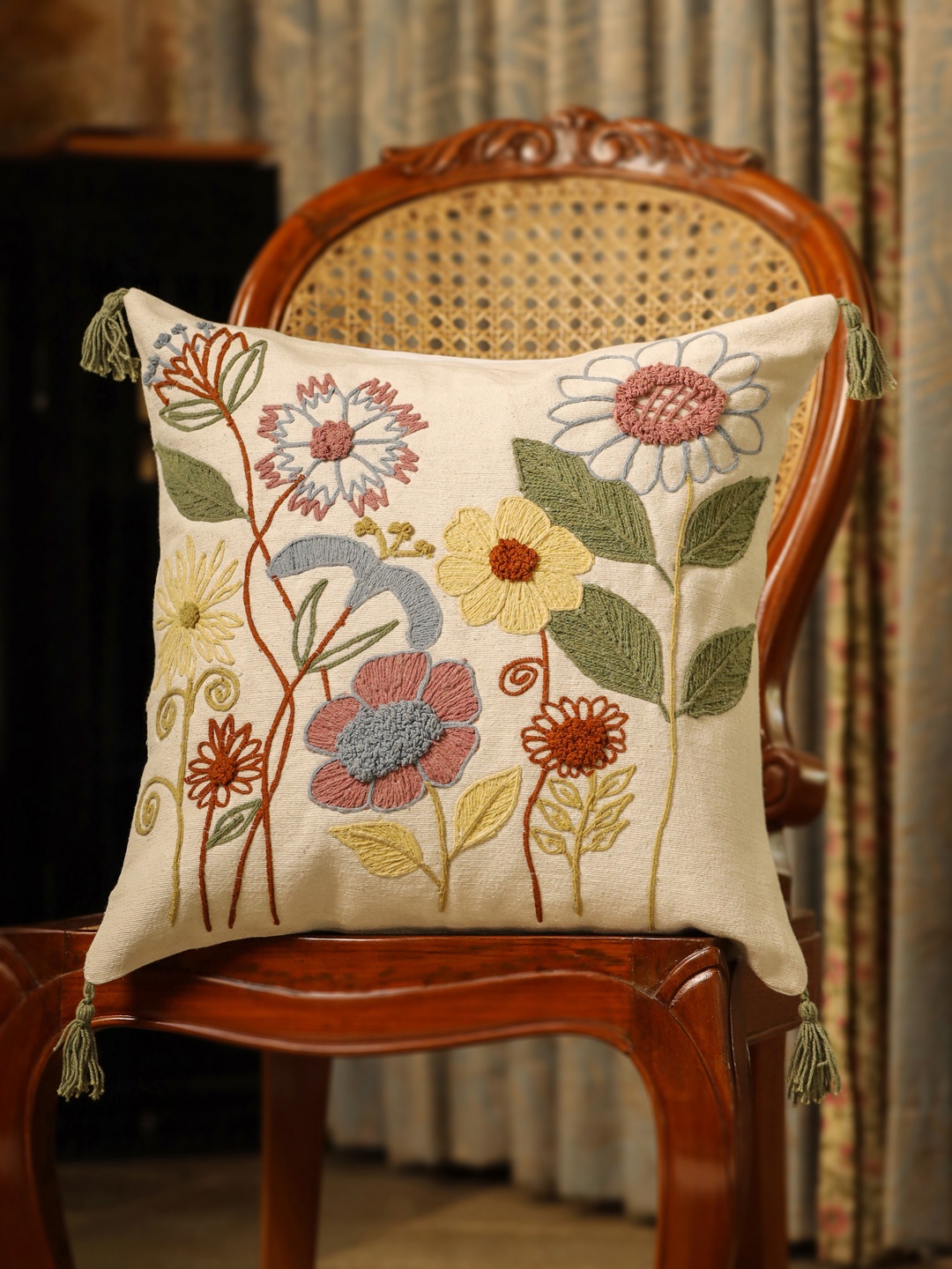 

Aura White & Green Floral Square Cushion Covers