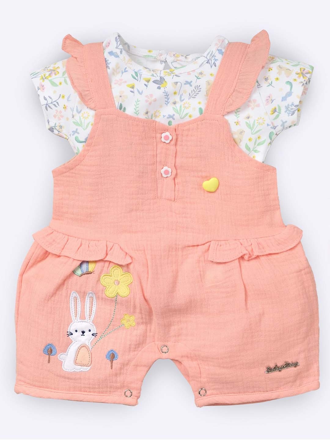 

Babys Day Infant Girls Flower Printed Cotton Dungaree With Top, Peach