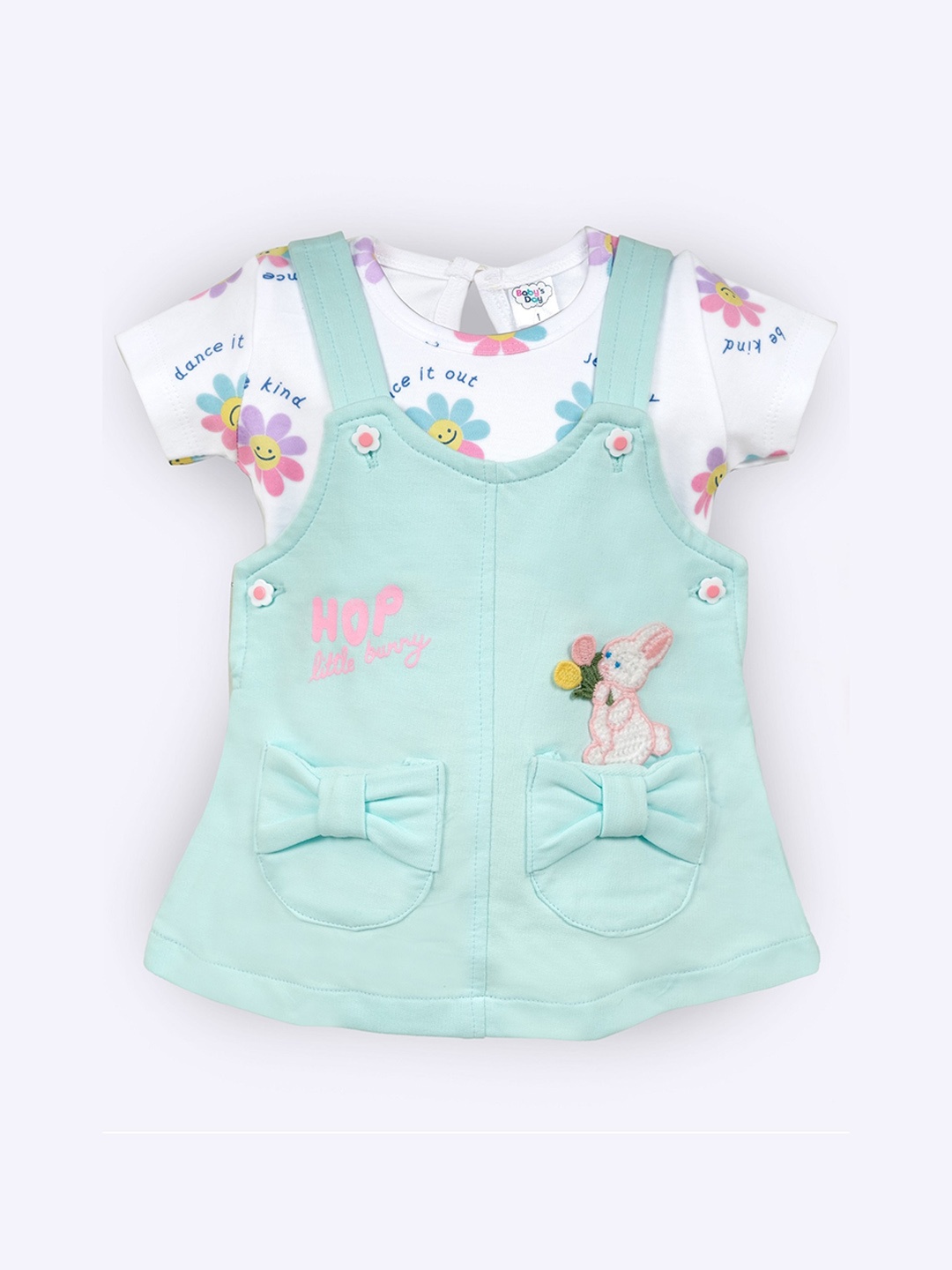 

Babys Day Infant Girls Printed Cotton Dungaree With T-Shirt, Turquoise blue