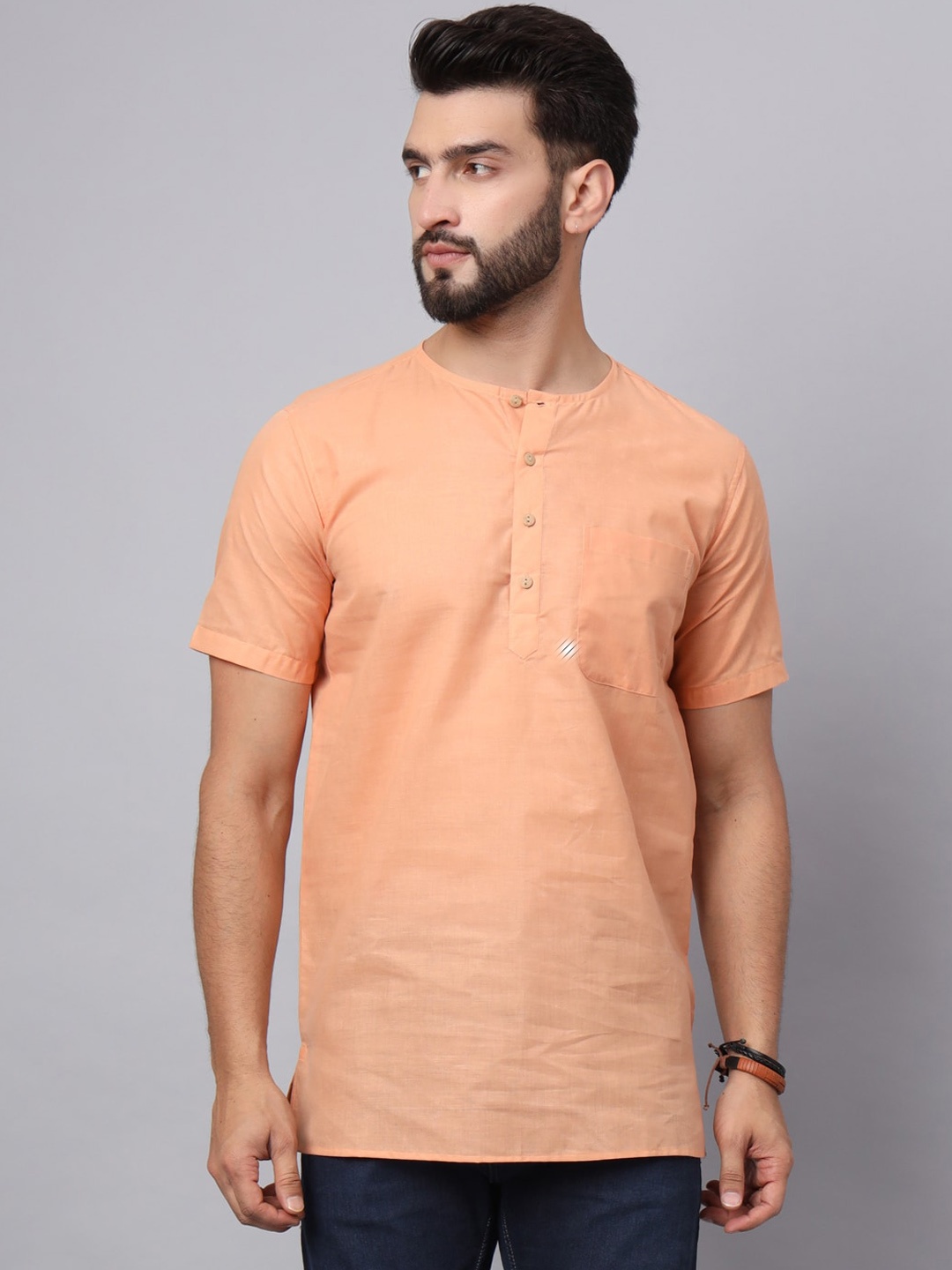 

Latest Chikan Garments Band Collar Short Kurta, Peach