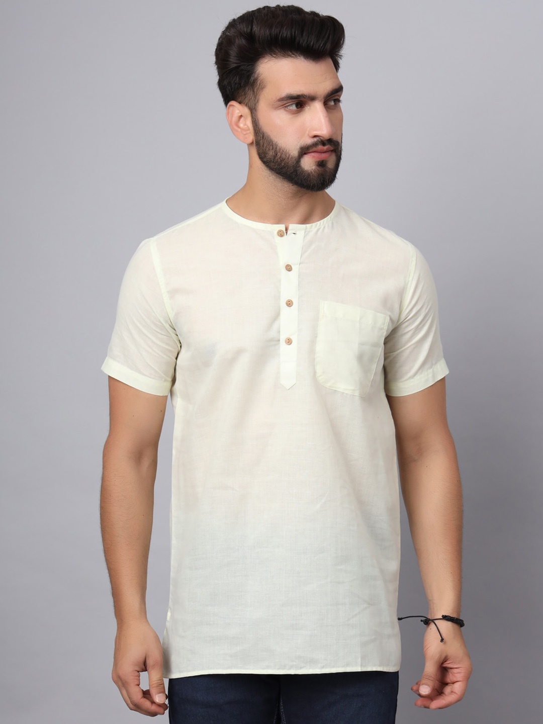 Latest Chikan Garments Round Neck Short Sleeves Kurta, Off white