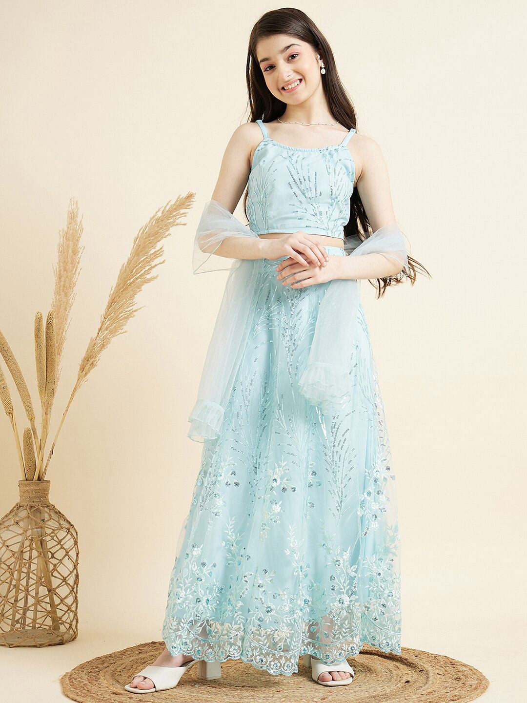 

Cherry & Jerry Girls Embroidered Ready to Wear Lehenga Blouse With Dupatta, Blue