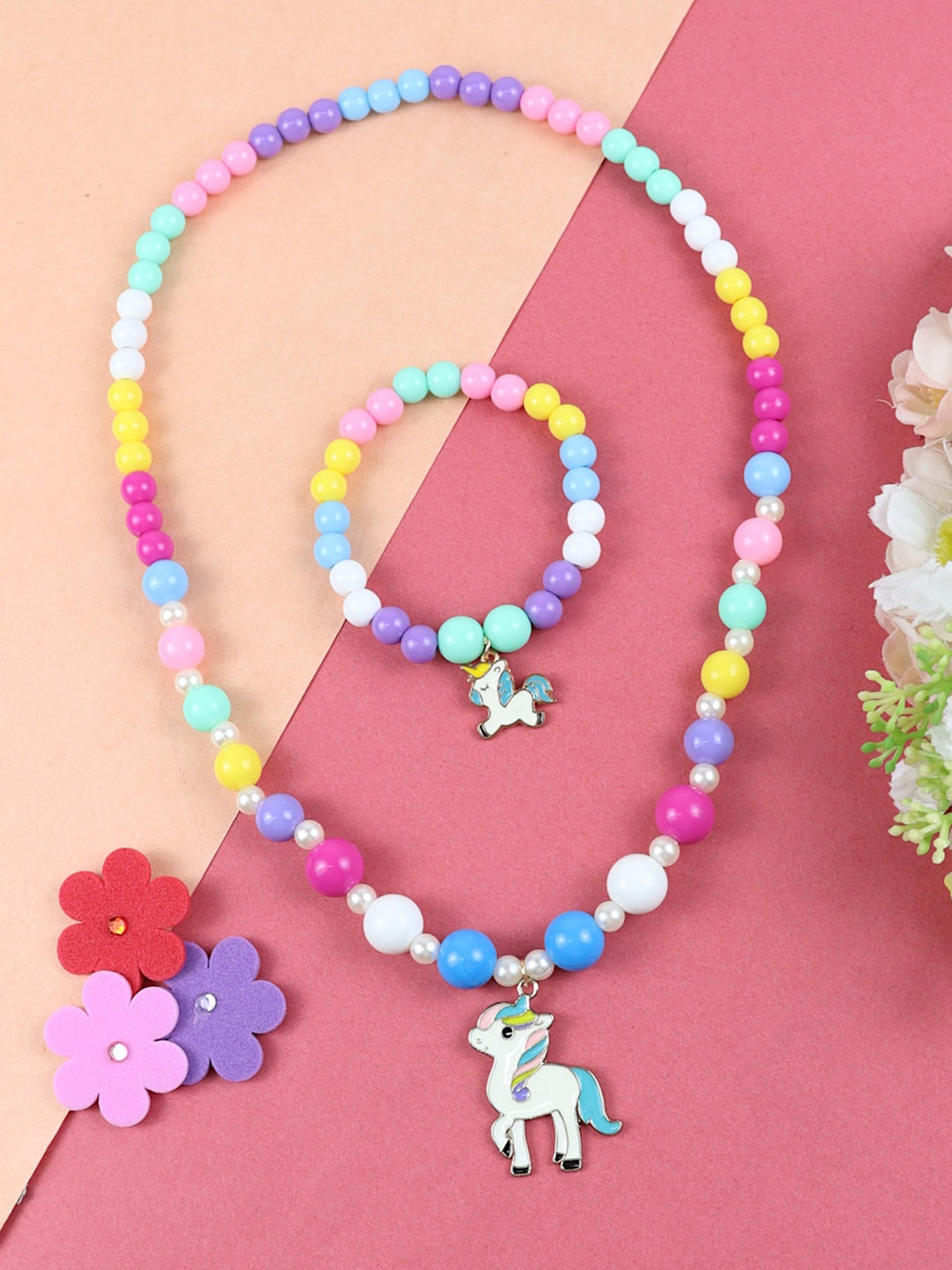 

Asthetika Kids Girls Beaded Unicorn Charm Necklace & Bracelet, Gold
