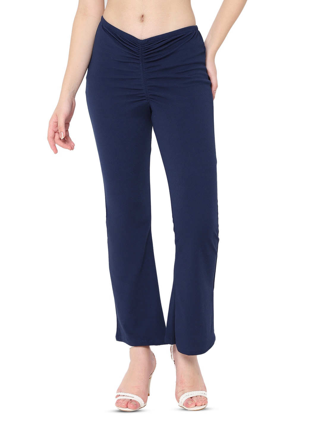 

BAESD Women Relaxed Straight Leg Skinny Fit Gathering Mid-Rise Wrinkle Free Trousers, Navy blue