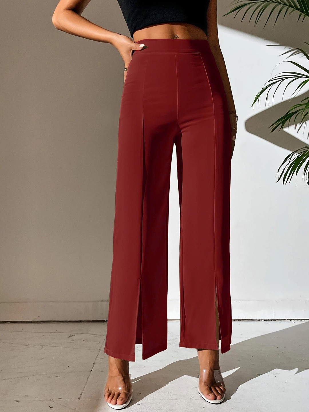 

BAESD Women Relaxed Straight Leg High-Rise Wrinkle Free Bootcut Trousers, Maroon