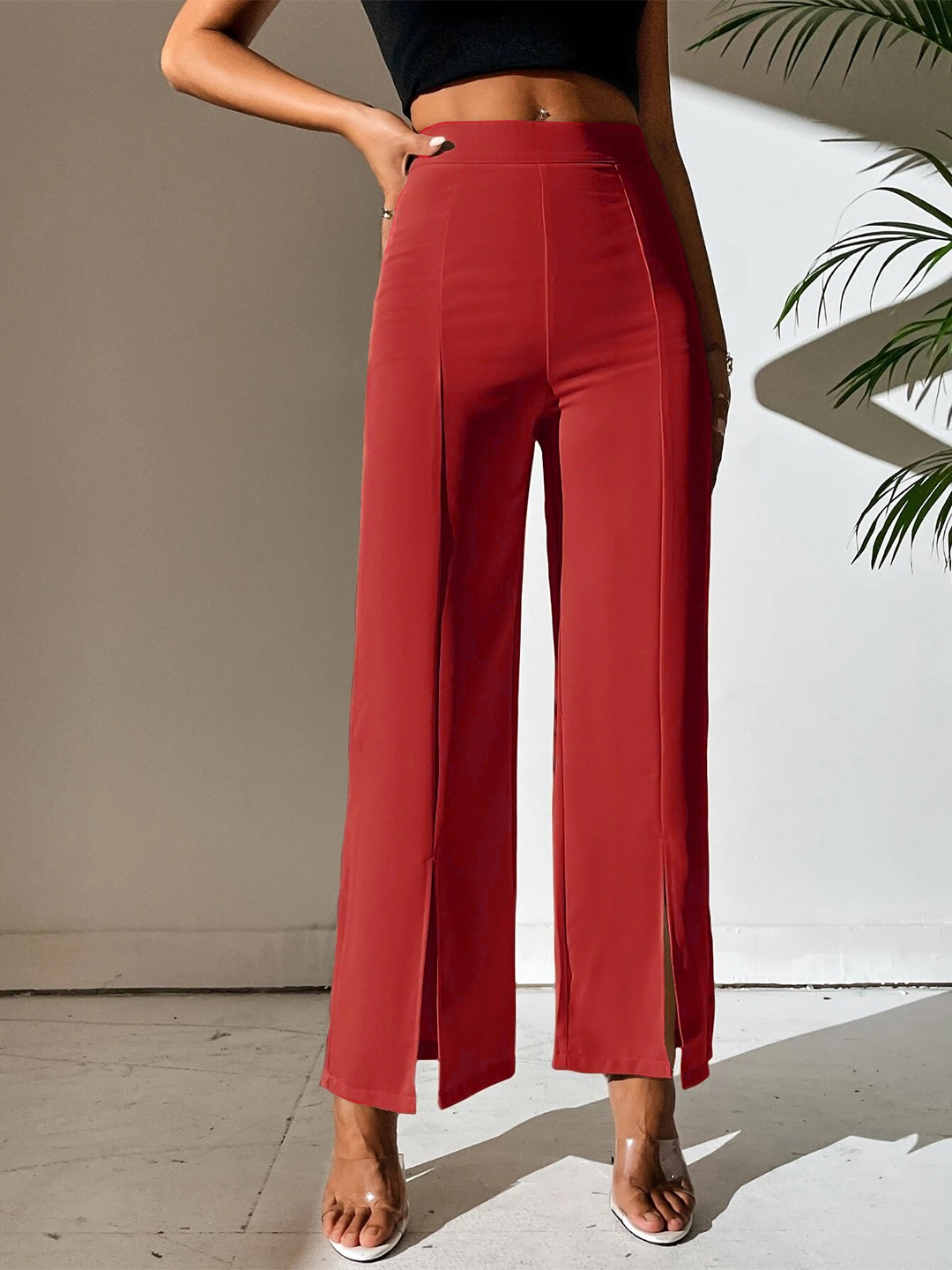 

BAESD Women Relaxed Straight Leg High-Rise Wrinkle Free Parallel Trousers, Red