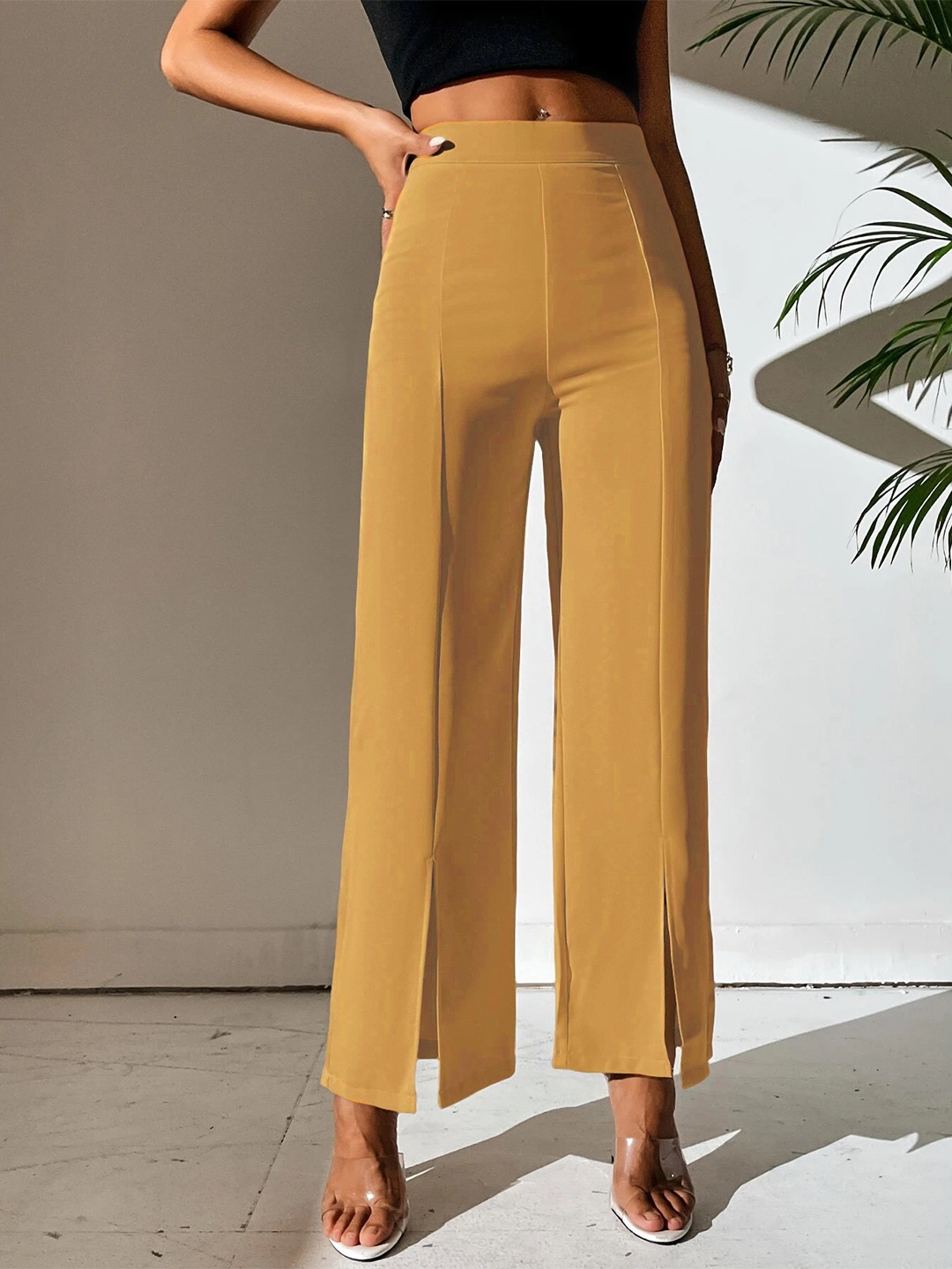 

BAESD Women Relaxed Straight Leg High-Rise Wrinkle Free Trousers, Mustard