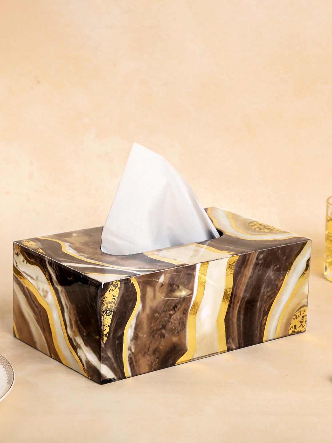 

THE HOME CO. Brown & Gold Toned Printed Wooden Tissue Holder