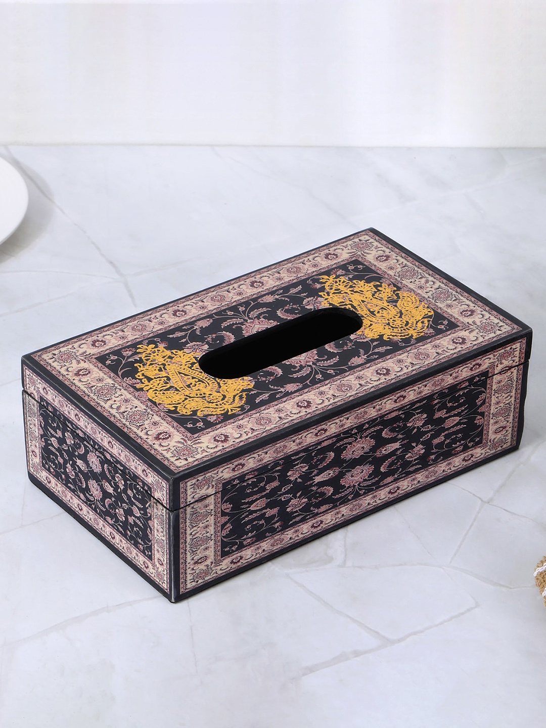 

THE HOME CO. Black & Gold Toned Printed Wooden Tissue Holder