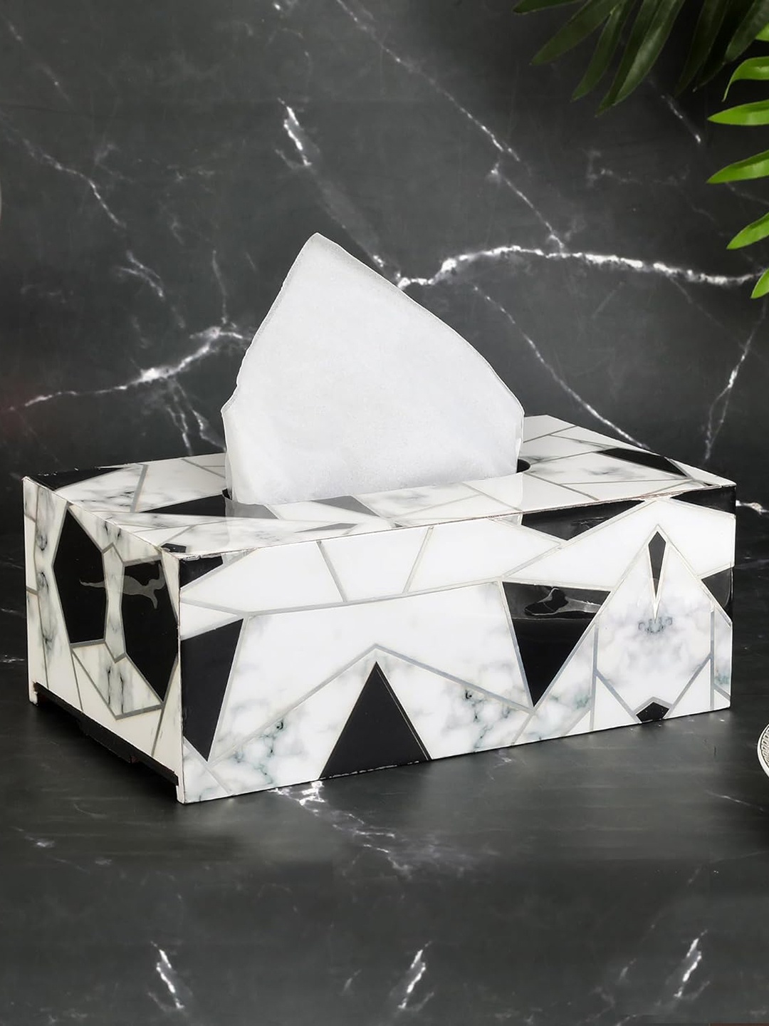 

THE HOME CO. Grey & White Printed Wooden Tissue Holder