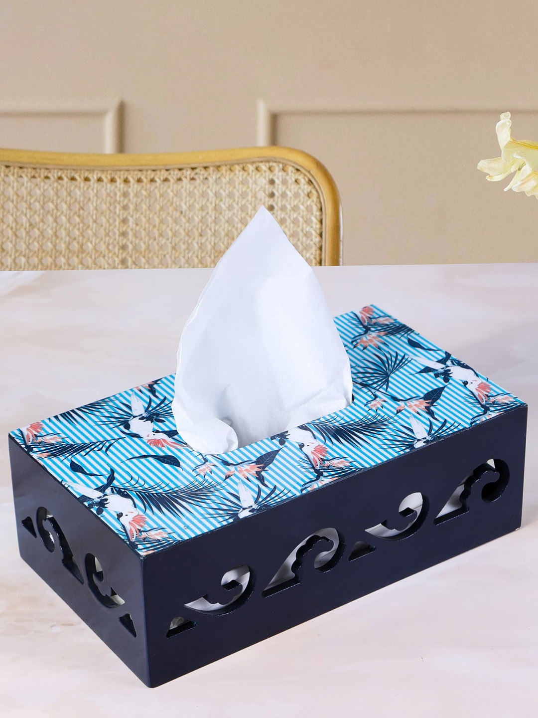 

THE HOME CO. Blue Textured Wooden Tissue Holder