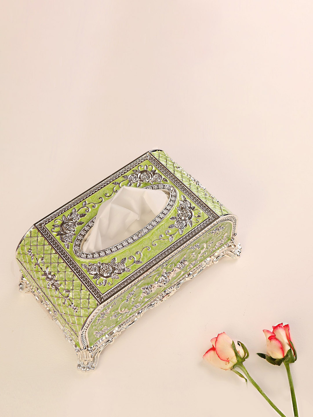 

THE HOME CO. Green & Silver Toned Textured Metal Tissue Holder
