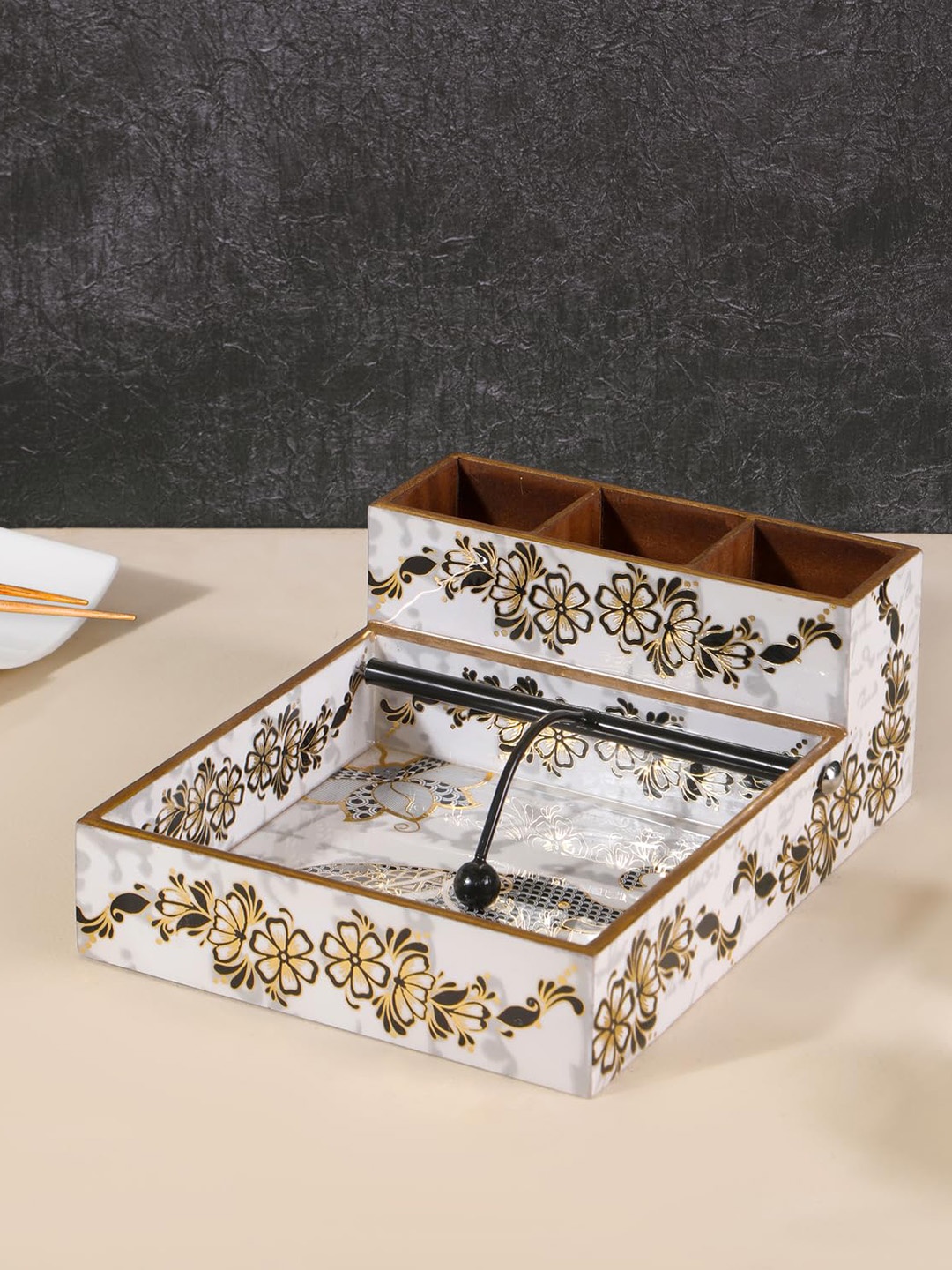 

THE HOME CO. White & Gold Toned Printed Wooden Tissue Holder With Cutlery Holder
