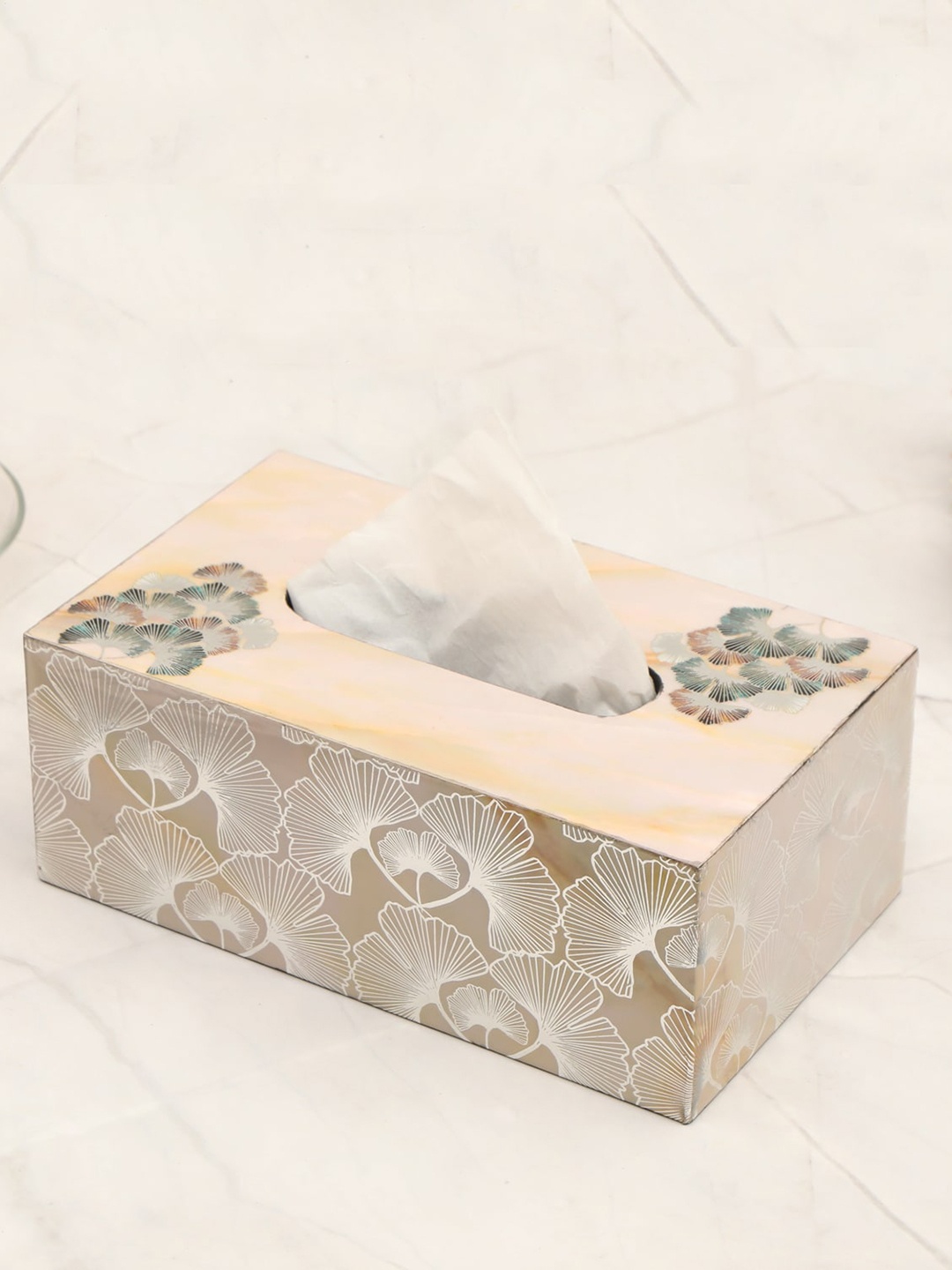 

THE HOME CO. White & Beige Printed Wooden Tissue Holder