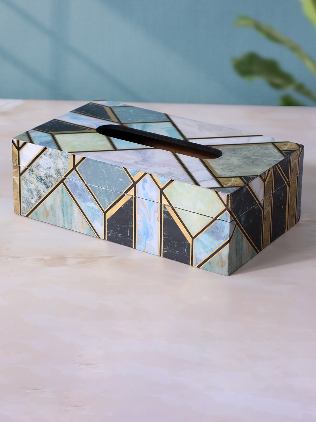 

THE HOME CO. Green & Gold Toned Printed Wooden Tissue Holder