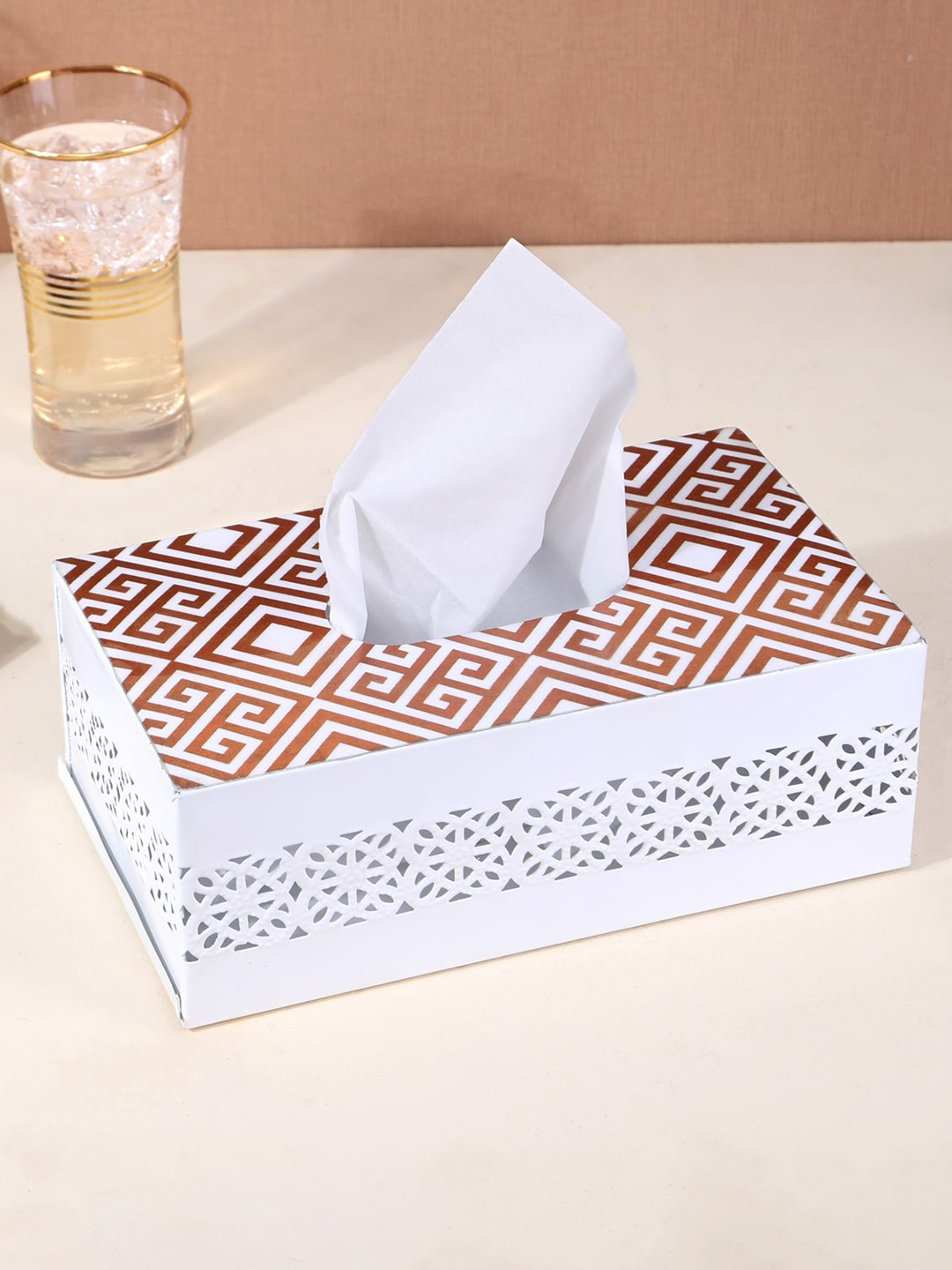 

THE HOME CO. White & Brown Printed Wooden Tissue Holder