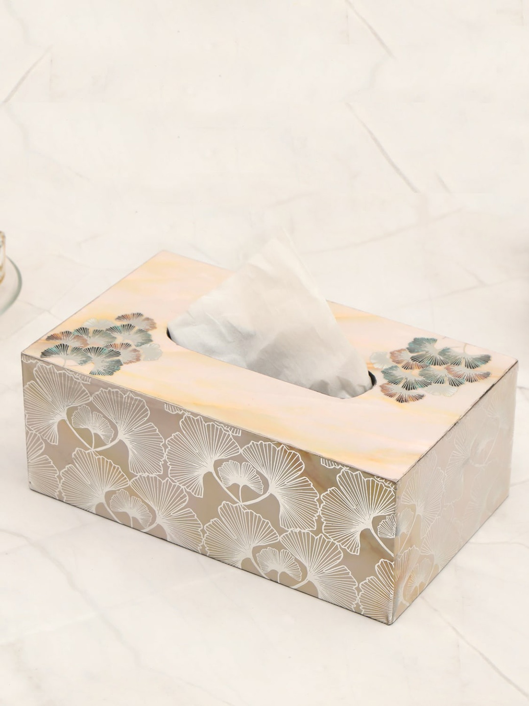 

THE HOME CO. White & Gold Toned Printed Wooden Tissue Holder
