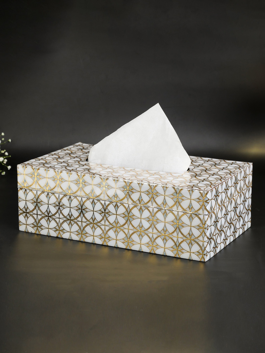 

THE HOME CO. White & Gold Toned Printed Wooden Tissue Holder