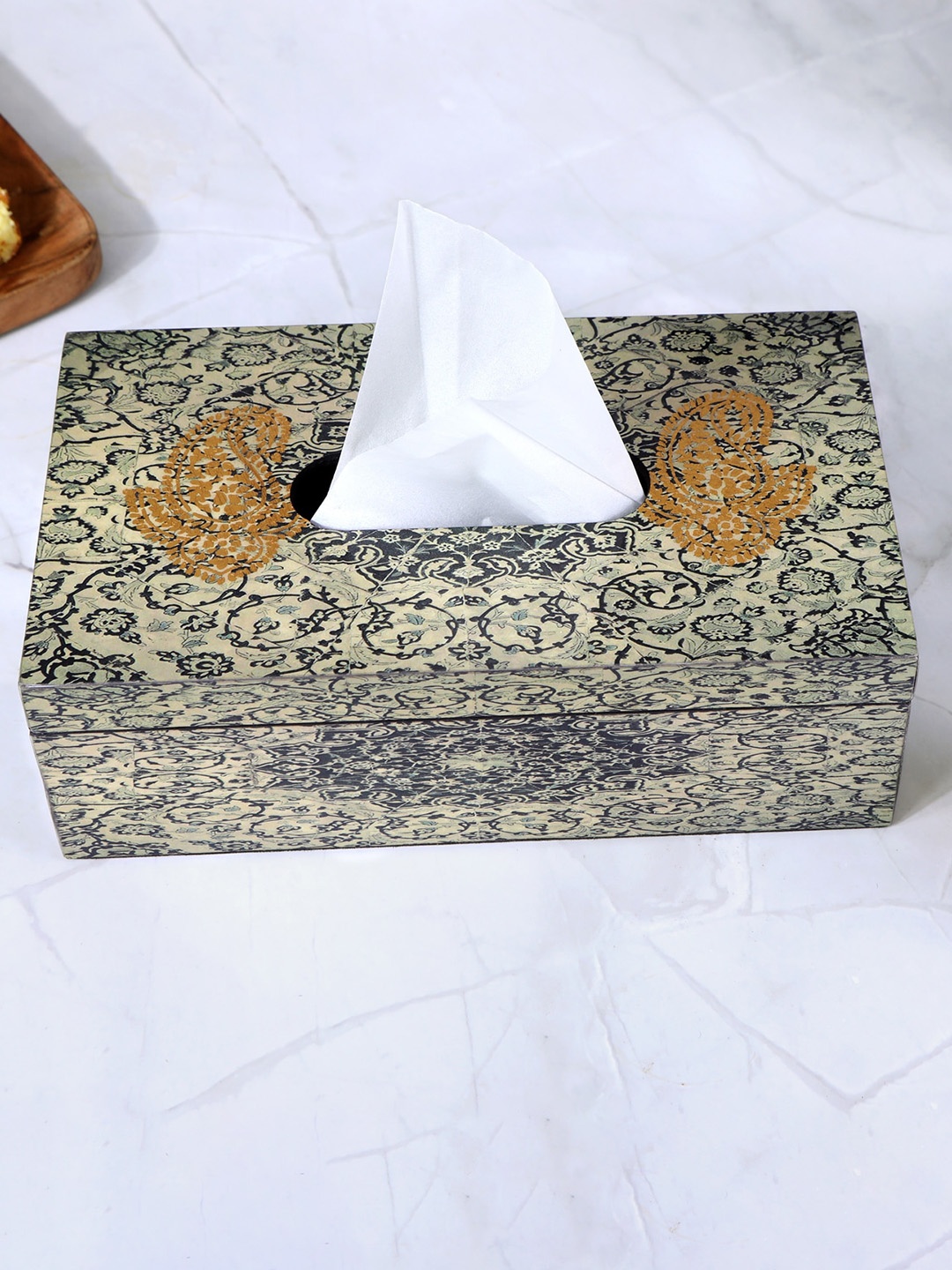 

THE HOME CO. Beige & Green Printed Stoneware Tissue Holder