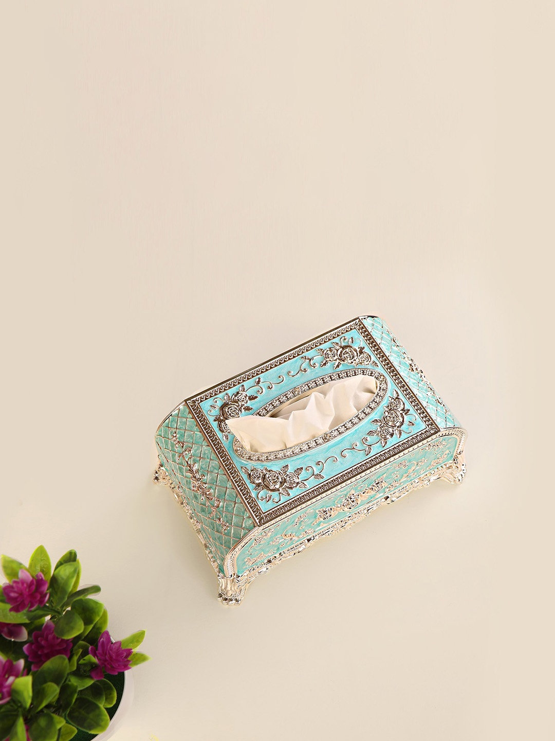 

THE HOME CO. Blue & Silver Toned Textured Metal Tissue Holder