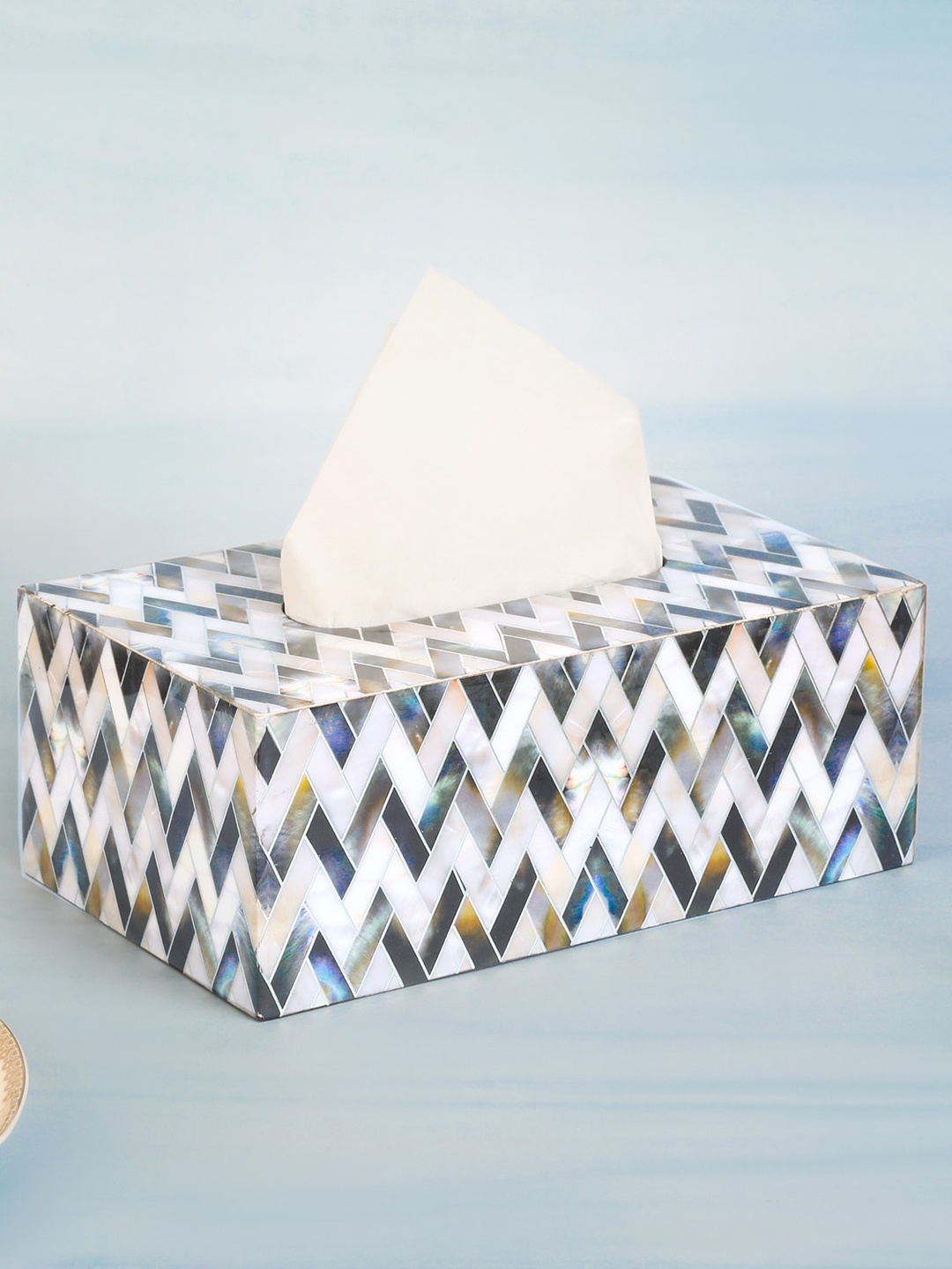 

THE HOME CO. White & Gold Toned Printed Wooden Tissue Holder