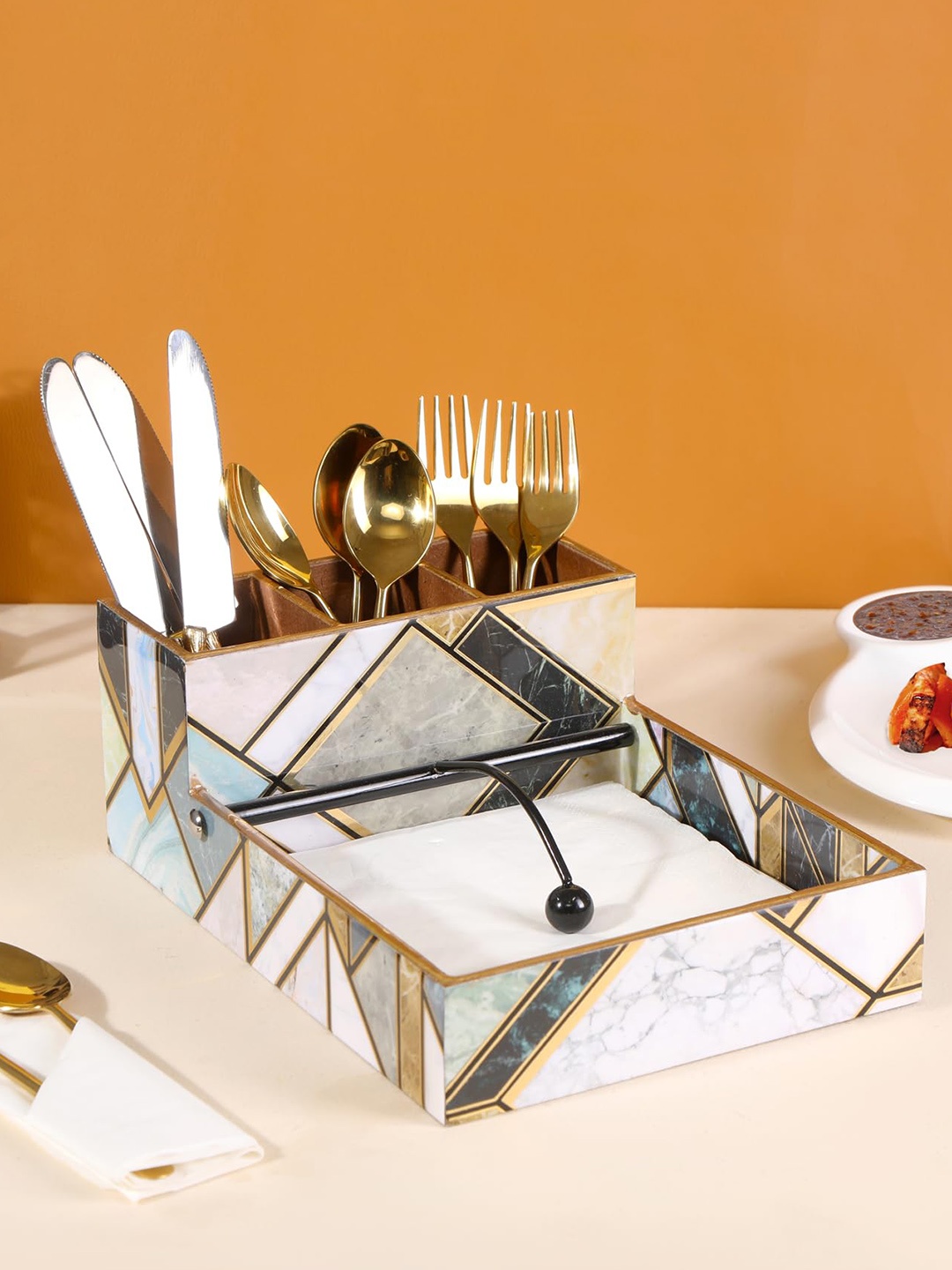 

THE HOME CO. Green & Gold Toned Printed Wooden Tissue Holder