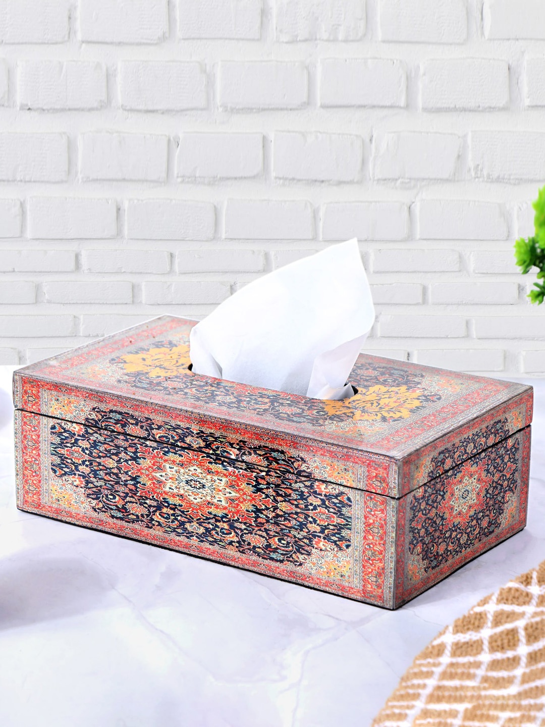 

THE HOME CO. Maroon & Gold Toned Printed Wooden Tissue Holder