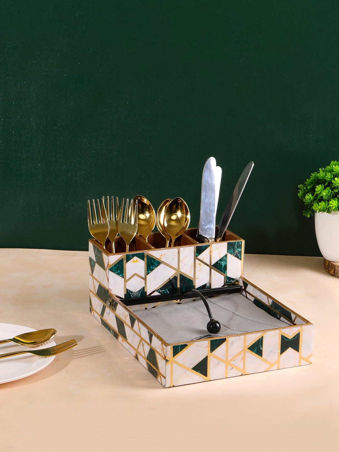 

THE HOME CO. Green & White Textured Wooden Tissue Holder