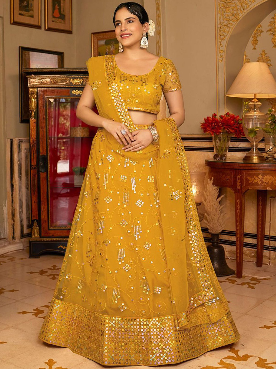 

ODETTE Embroidered Sequinned Semi-Stitched Lehenga & Unstitched Blouse With Dupatta, Yellow