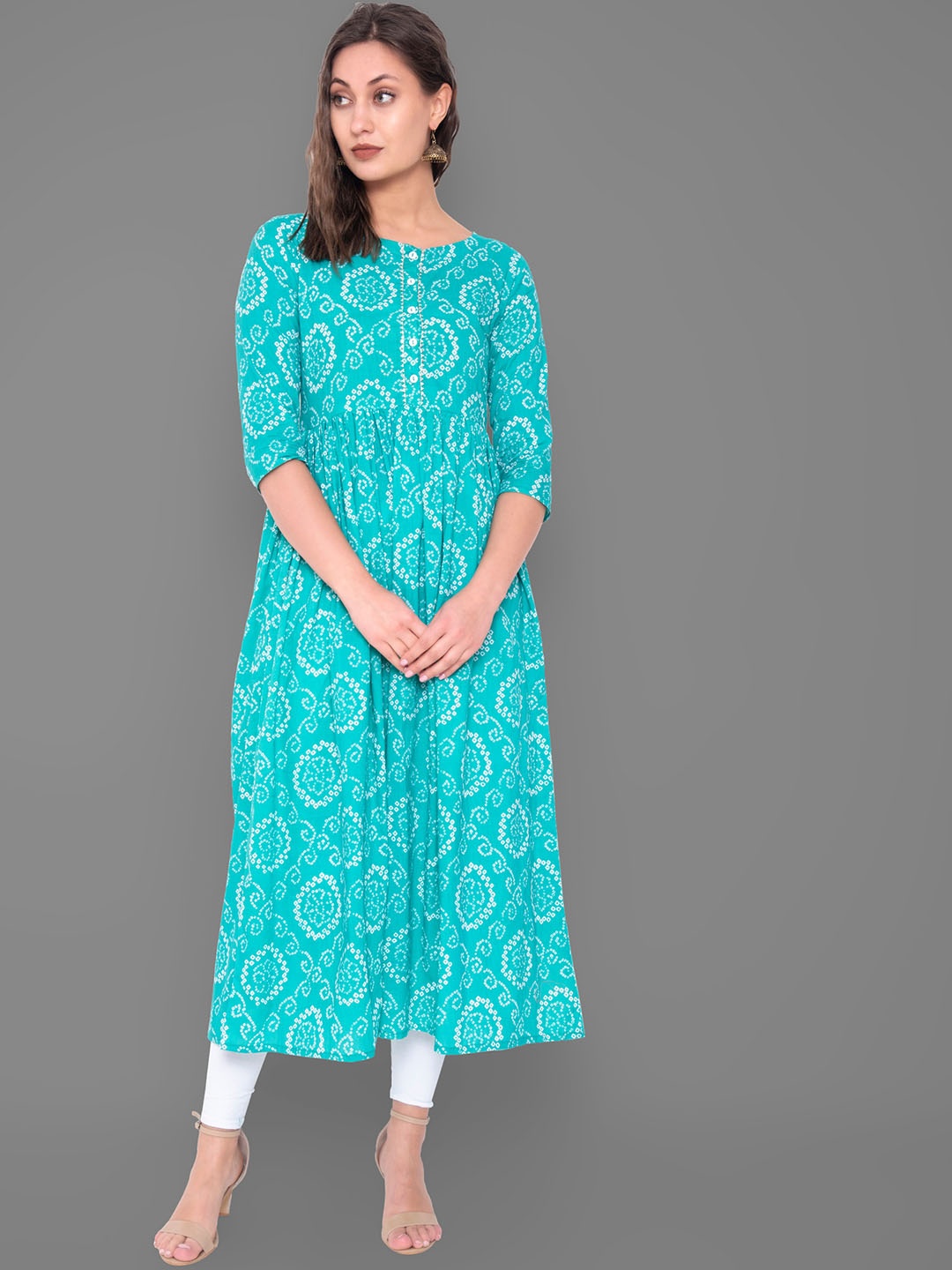 

GULMOHAR JAIPUR Bandhani Printed Round Neck Regular Gotta Patti A-Line Kurta, Blue