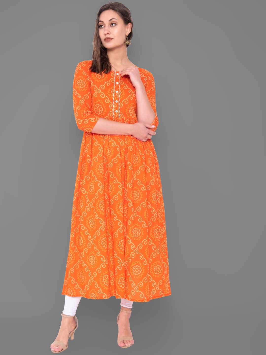 

GULMOHAR JAIPUR Bandhani Printed Round Neck Regular Gotta Patti A-Line Kurta, Orange