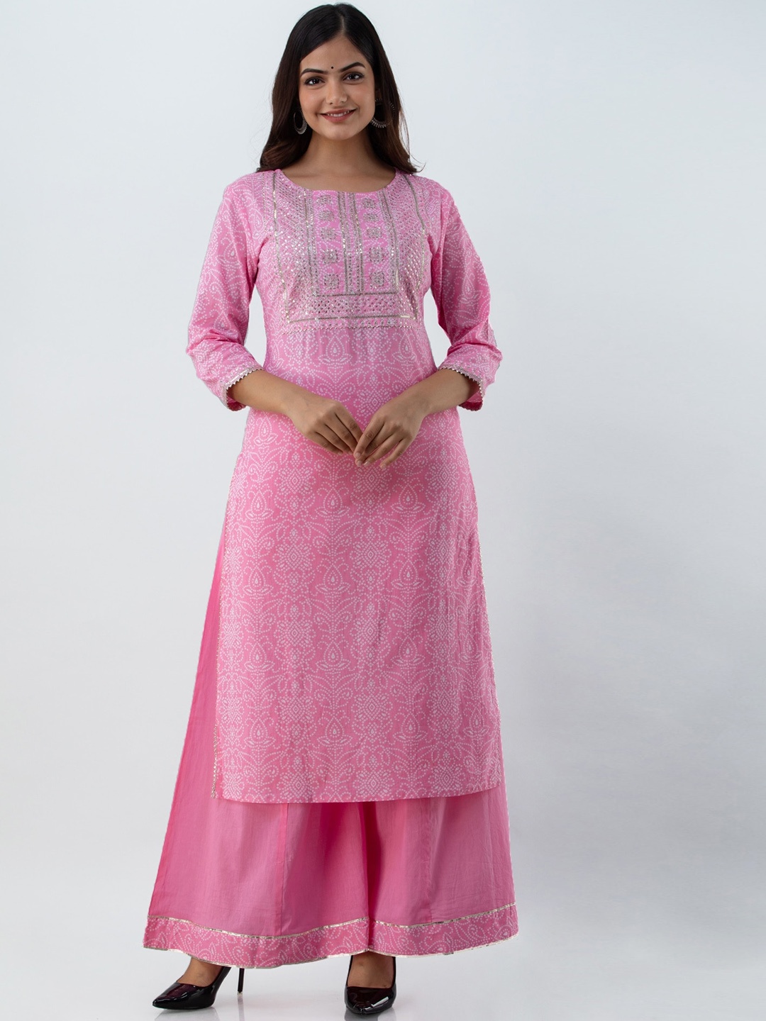 

GULMOHAR JAIPUR Bandhani Printed Round Neck Pure Cotton Kurta with Palazzos, Pink