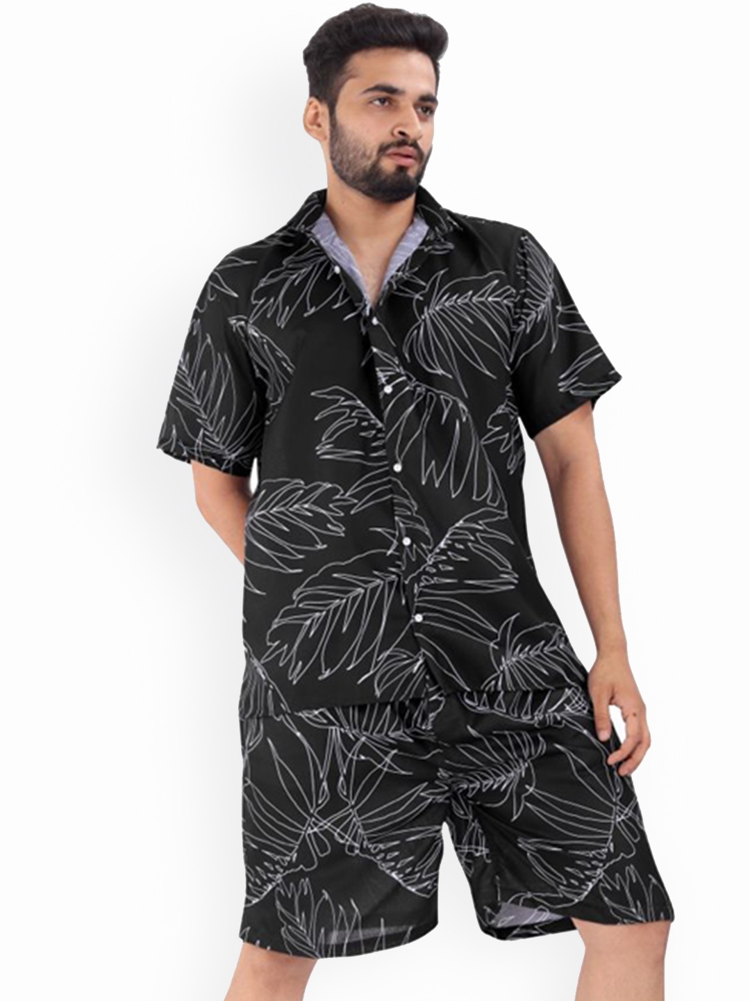 

BROWN BROTHERS Printed Oversized Fit Shirt With Shorts Co-Ords, Black