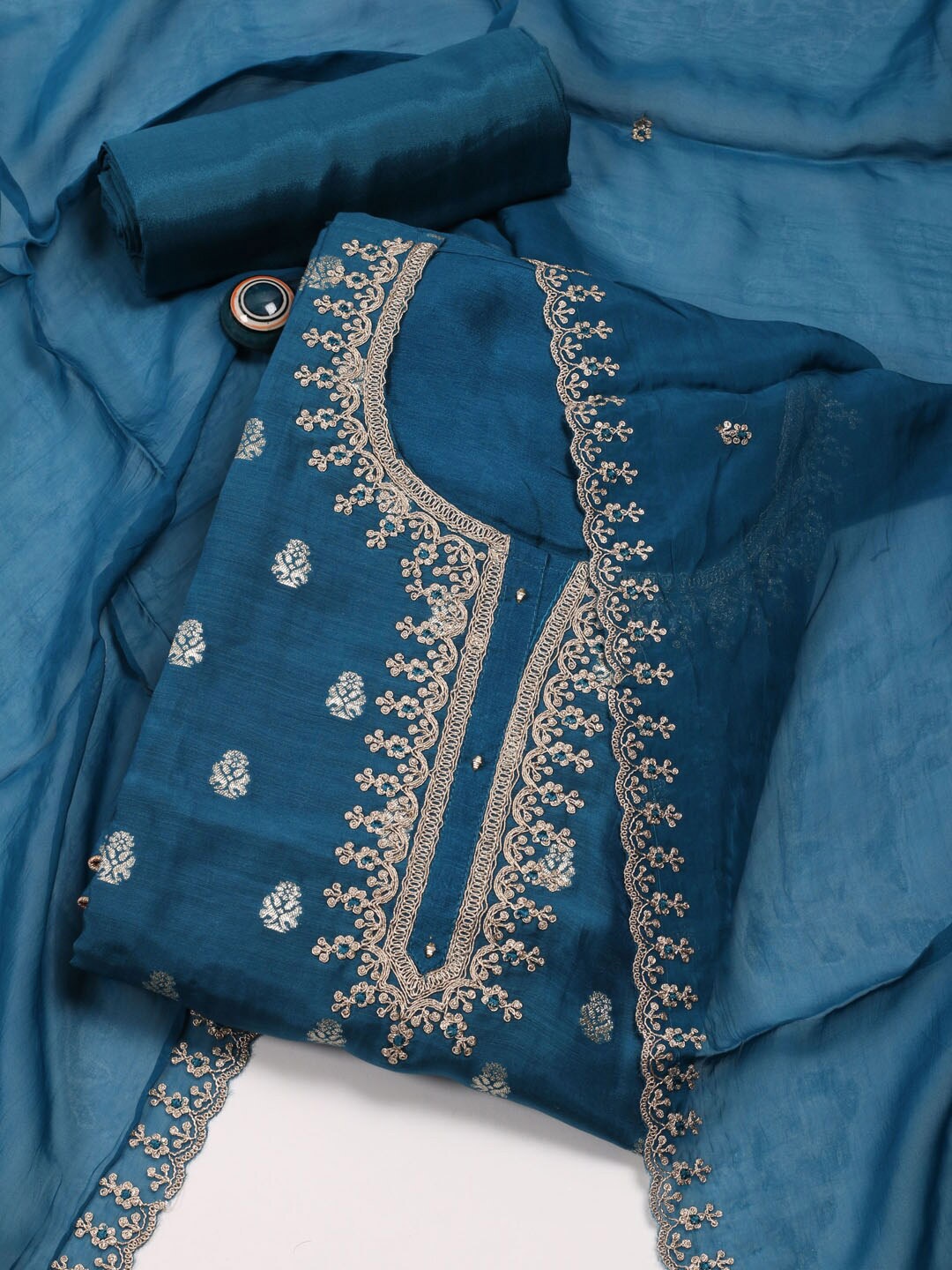 

Meena Bazaar Art Silk Unstitched Dress Material, Teal