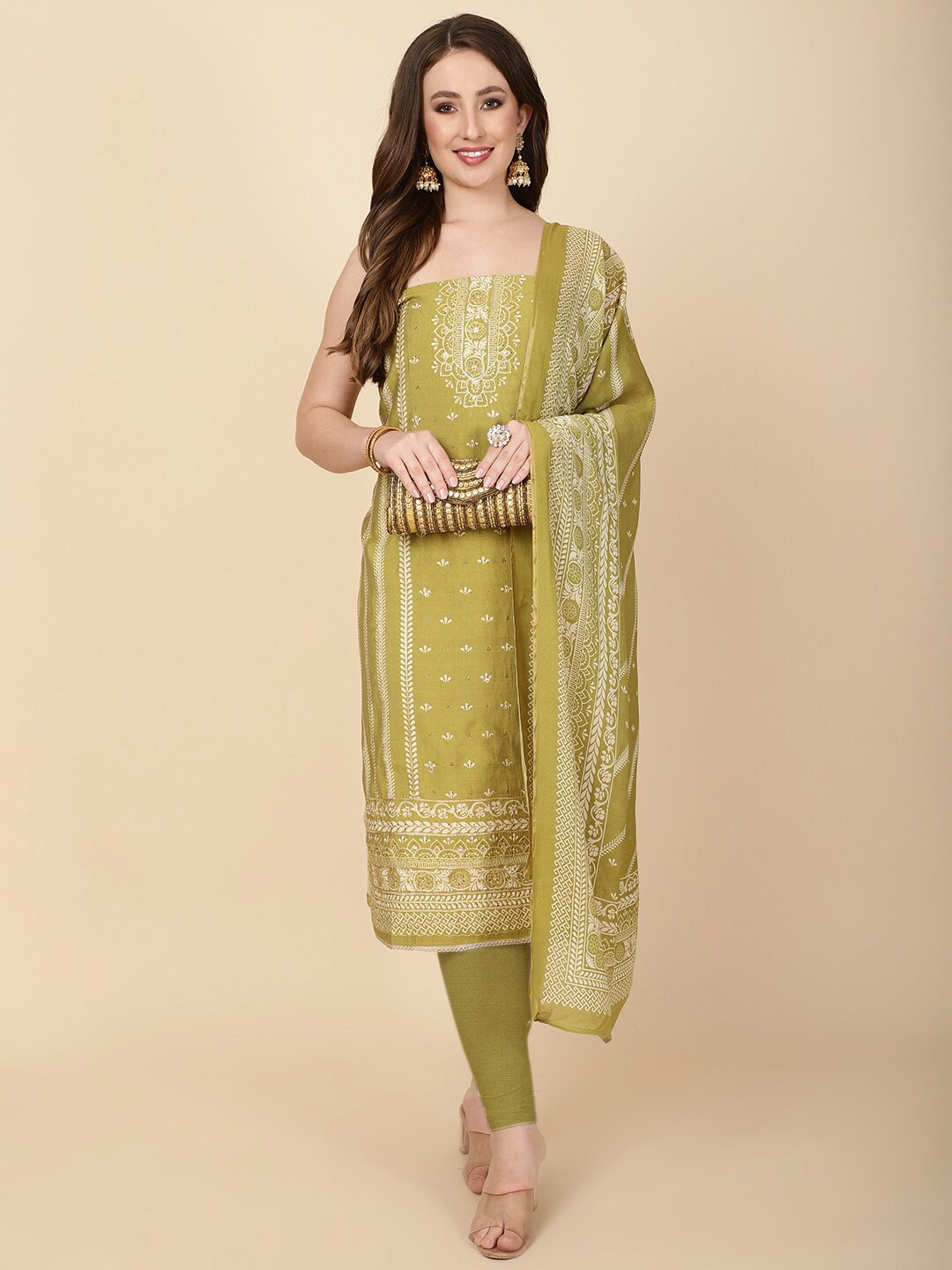 

Meena Bazaar Floral Embroidered Art Silk Unstitched Dress Material, Green
