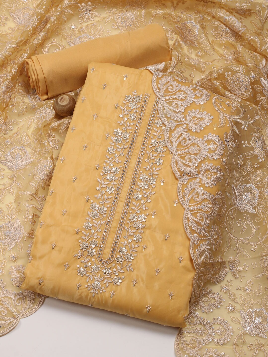 

Meena Bazaar Embroidered Organza Unstitched Dress Material, Yellow