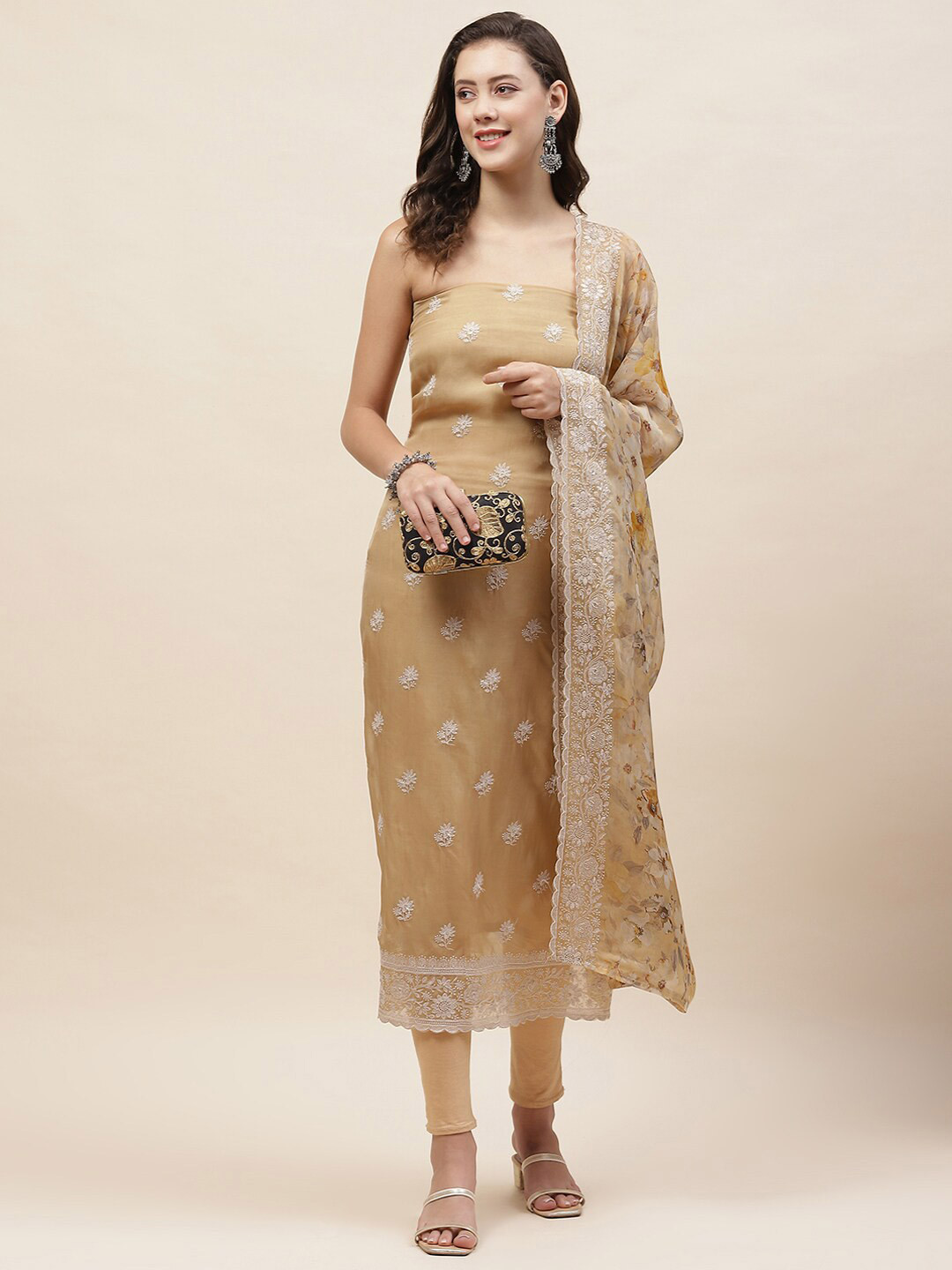 

Meena Bazaar Floral Embroidered Organza Unstitched Dress Material, Beige