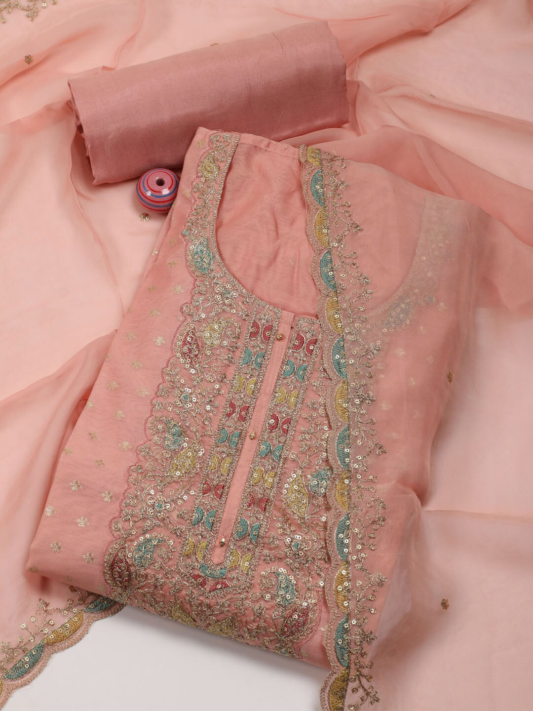 

Meena Bazaar Floral Woven Design Beads and Stones Art Silk Unstitched Dress Material, Peach