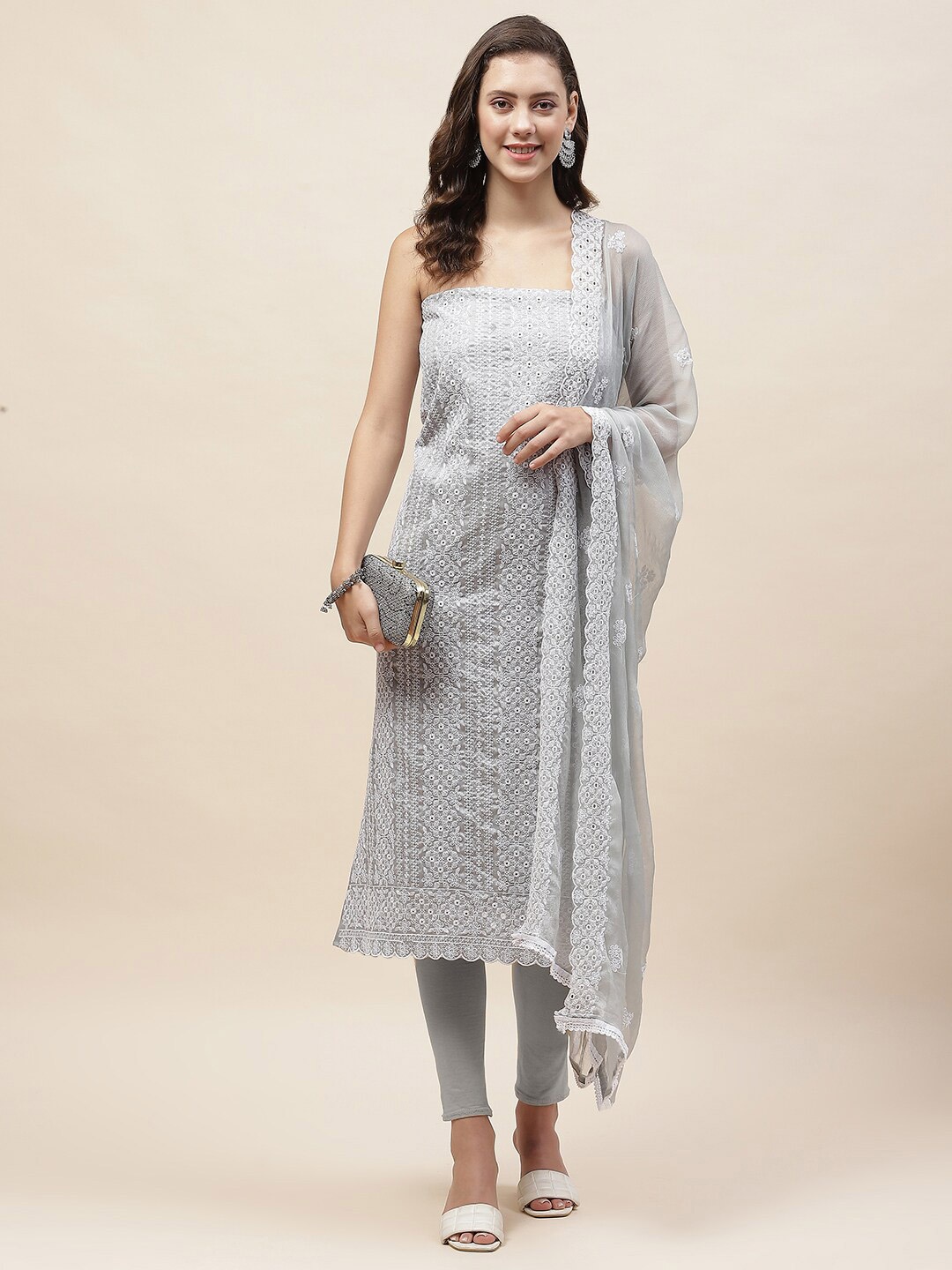 

Meena Bazaar Embroidered Organza Unstitched Dress Material, Grey