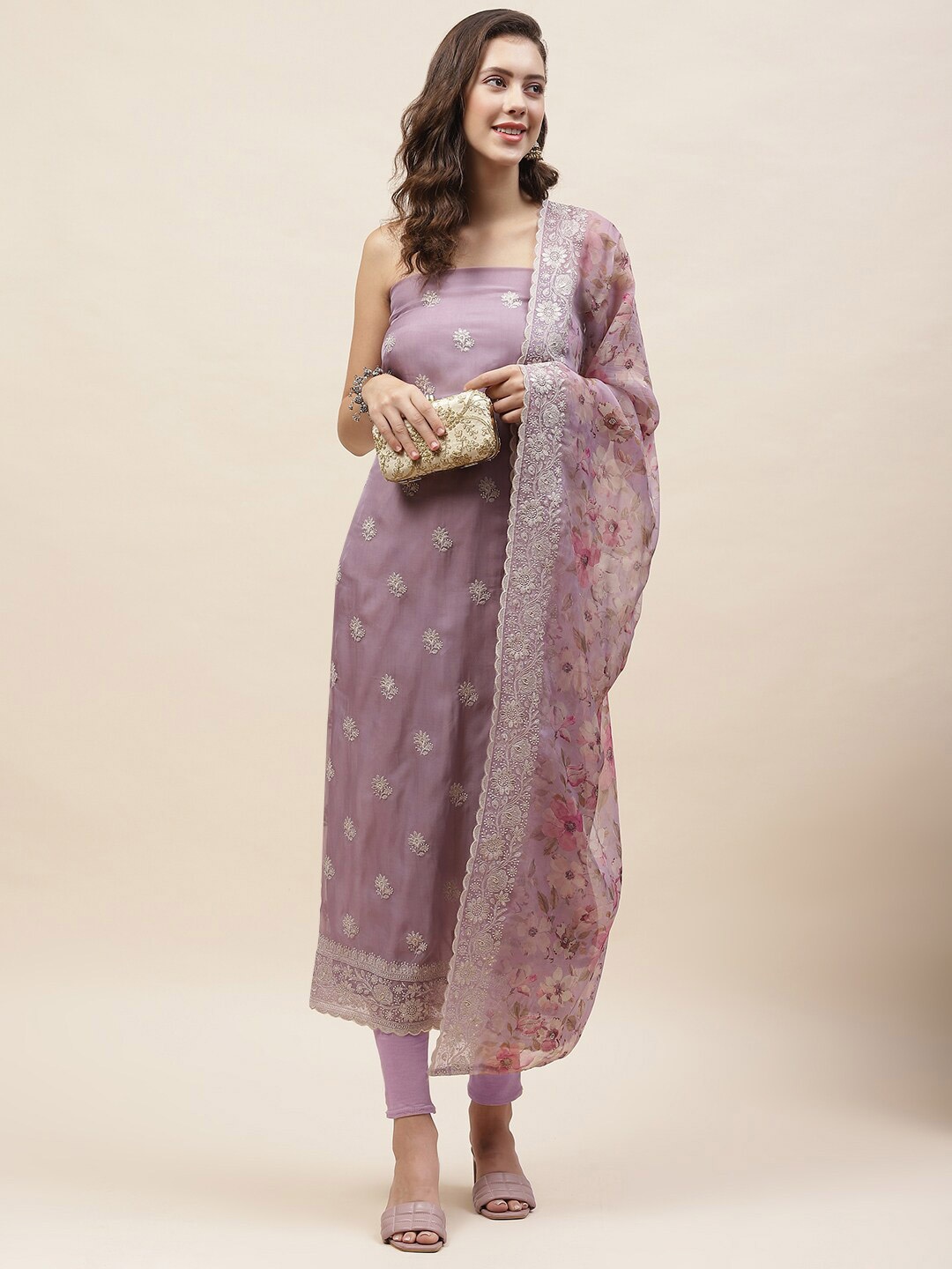 

Meena Bazaar Floral Embroidered Sequinned Organza Unstitched Dress Material, Purple