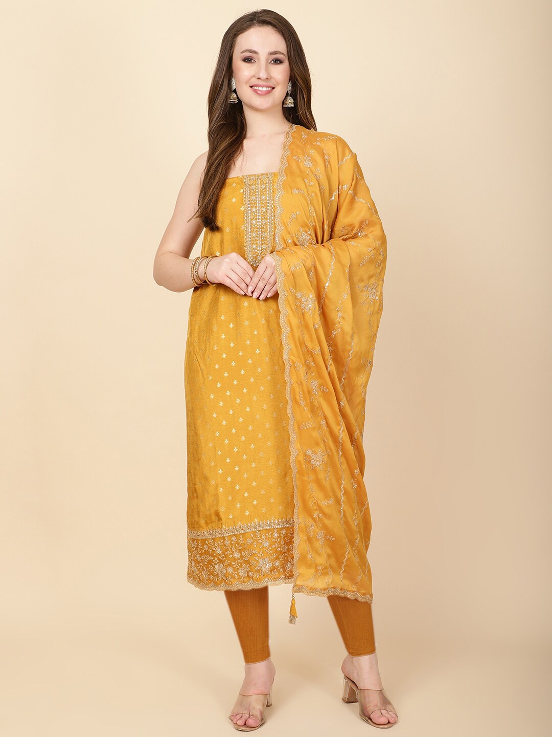 

Meena Bazaar Art Silk Unstitched Dress Material, Mustard