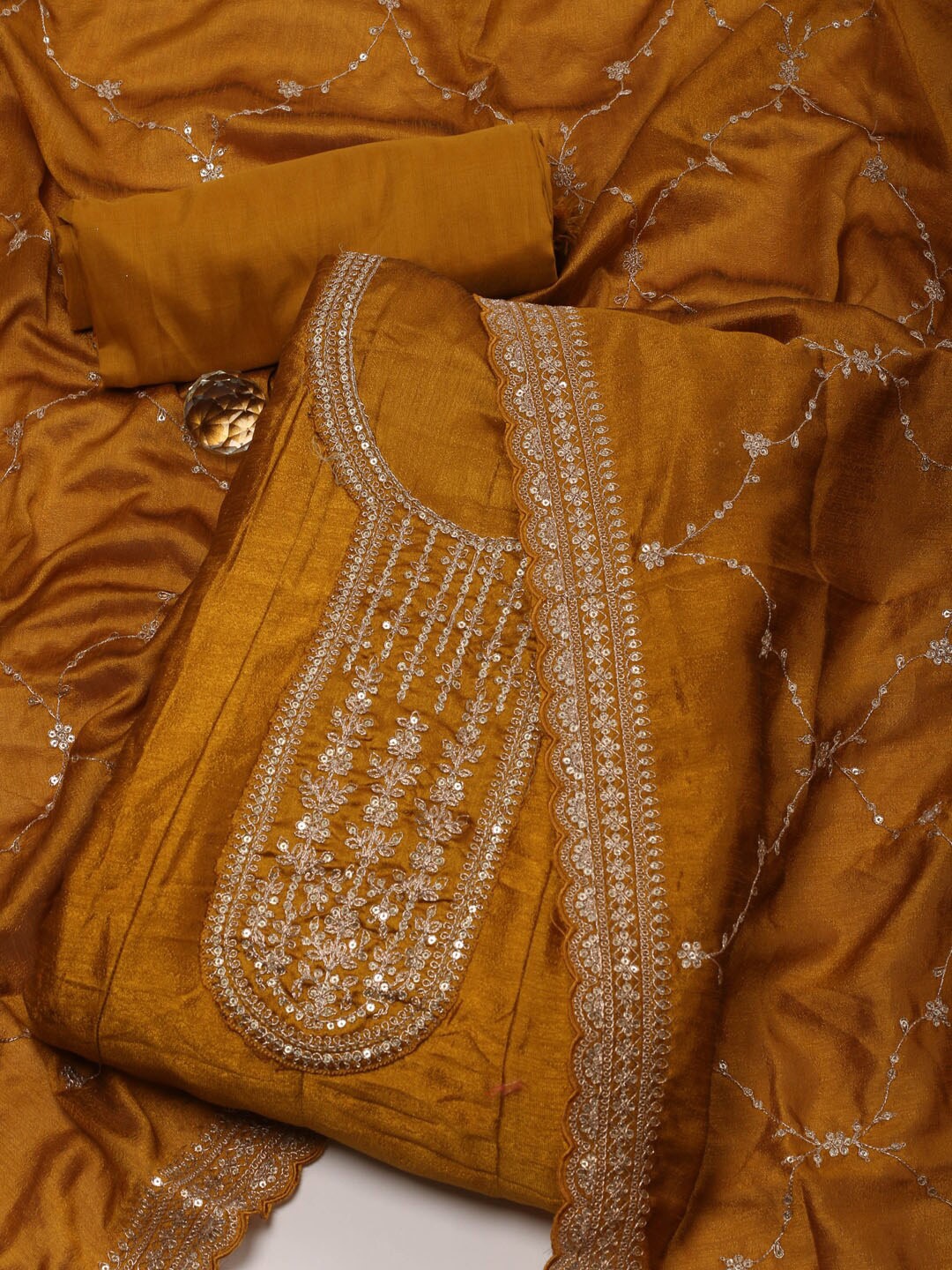 

Meena Bazaar Embroidered Art Silk Unstitched Dress Material, Mustard