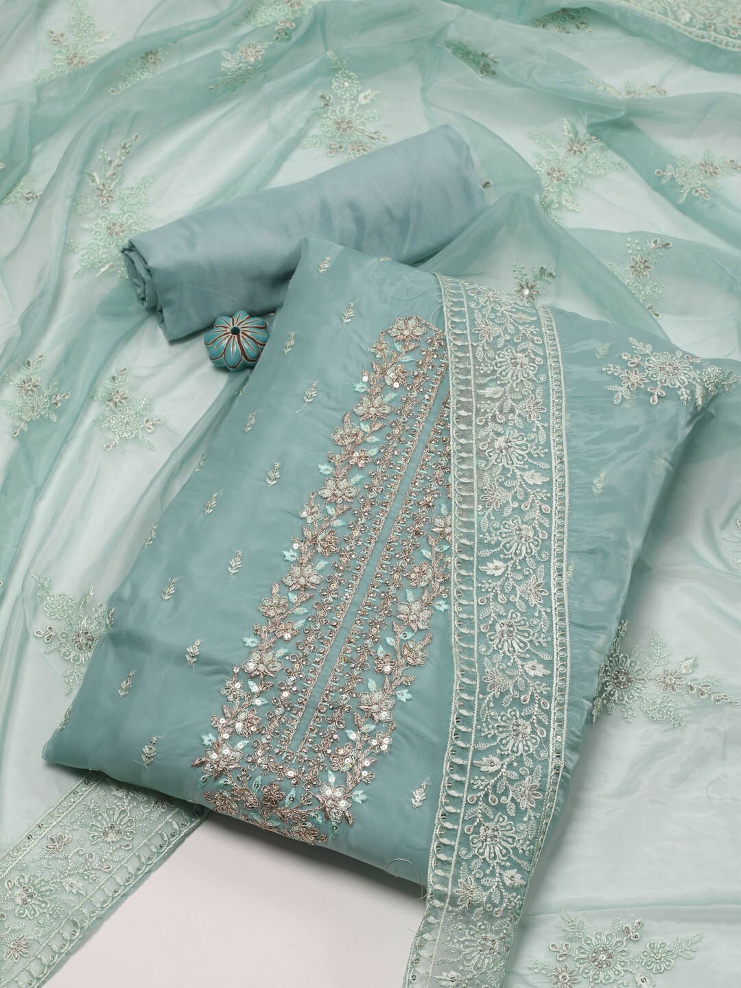 

Meena Bazaar Embroidered Organza Unstitched Dress Material, Sea green